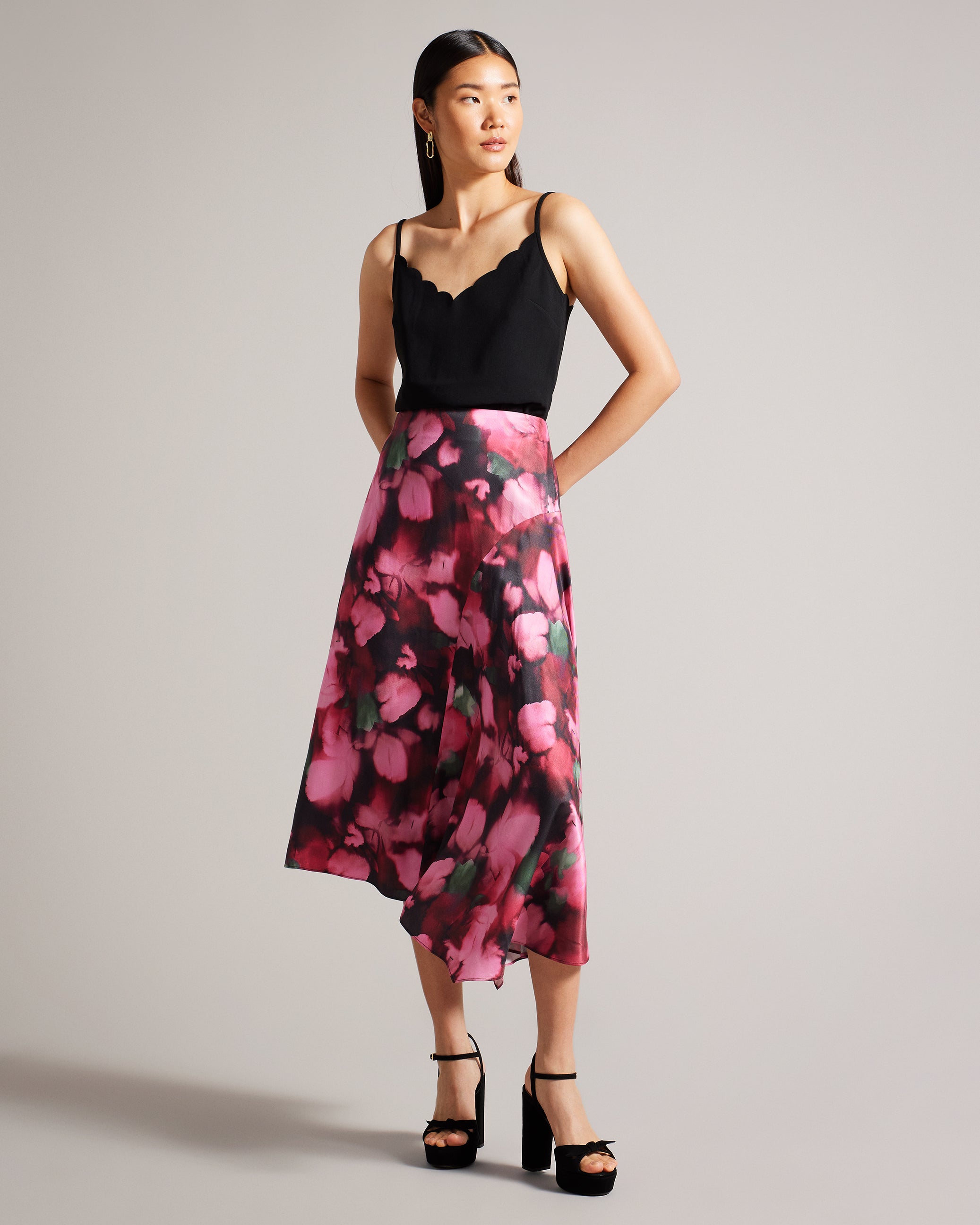 Lizziee Asymmetric Petal Print Midi Skirt Black