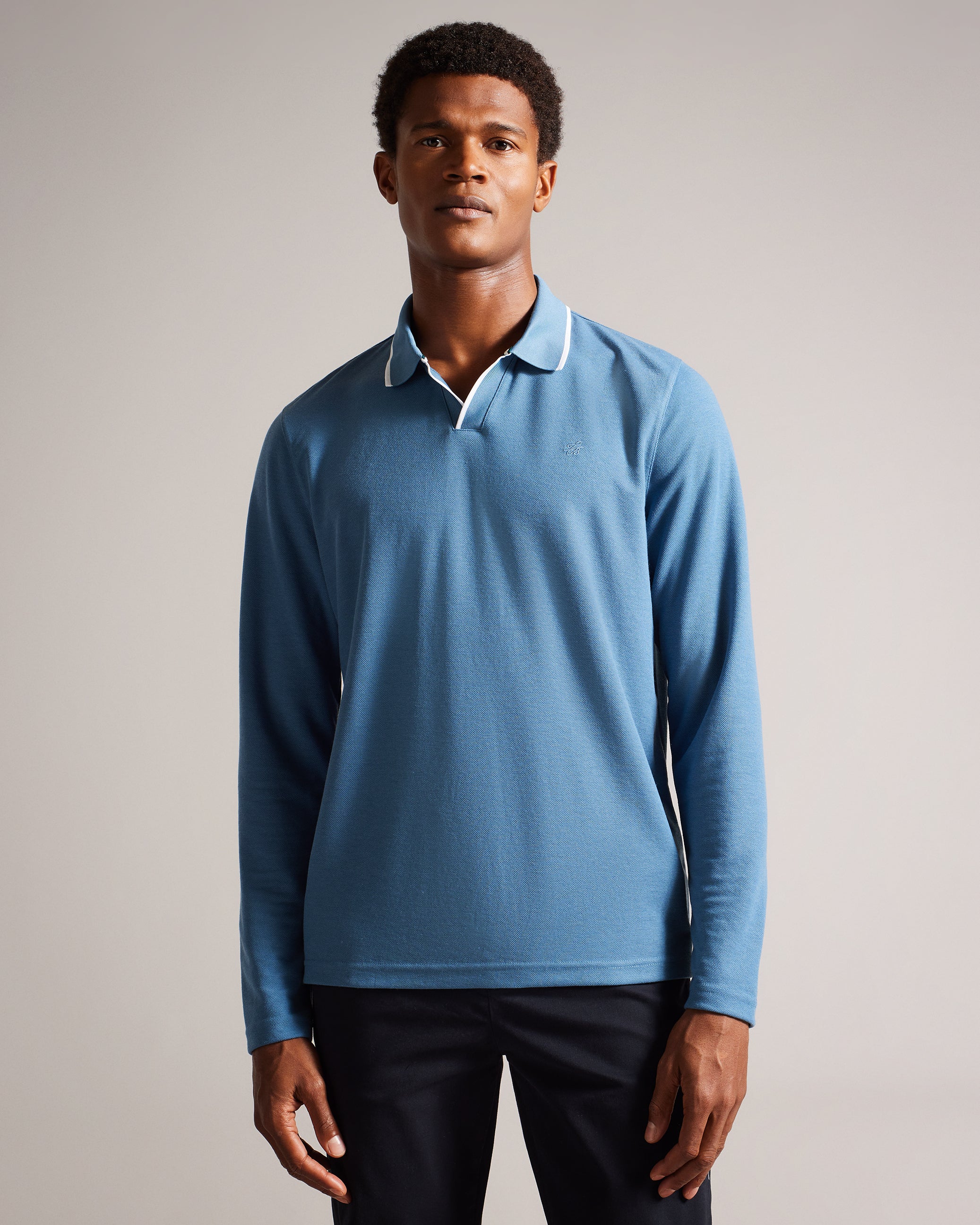 Maste Long Sleeve Open Collar Polo Shirt Mid-Blue