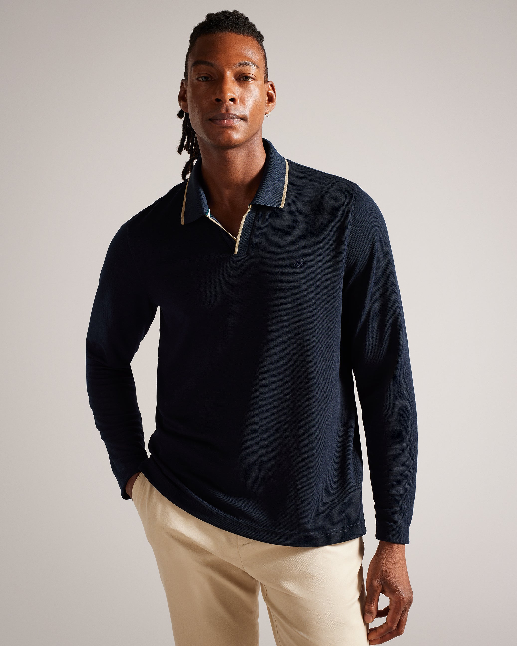Maste Long Sleeve Open Collar Polo Shirt Navy