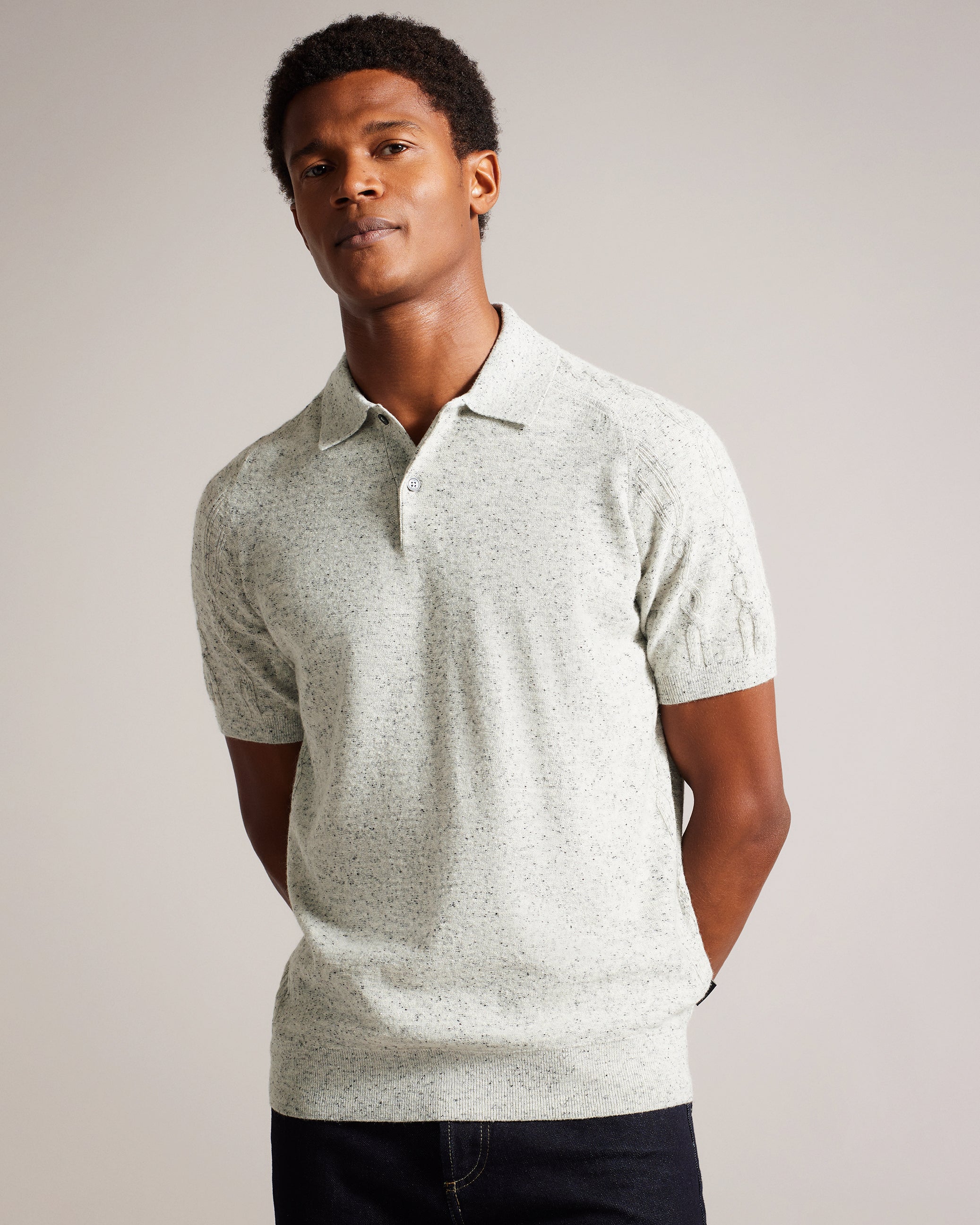 Ustee Marled Polo Shirt With Cable Knit Ecru