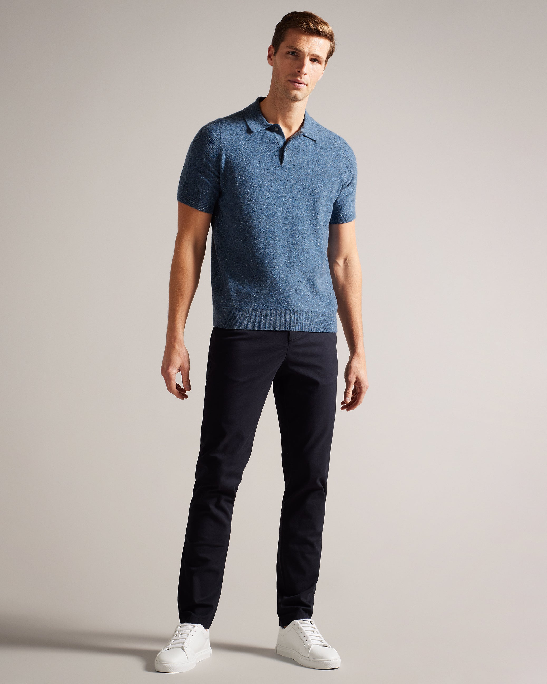 Ustee Marled Polo Shirt With Cable Knit Mid-Blue