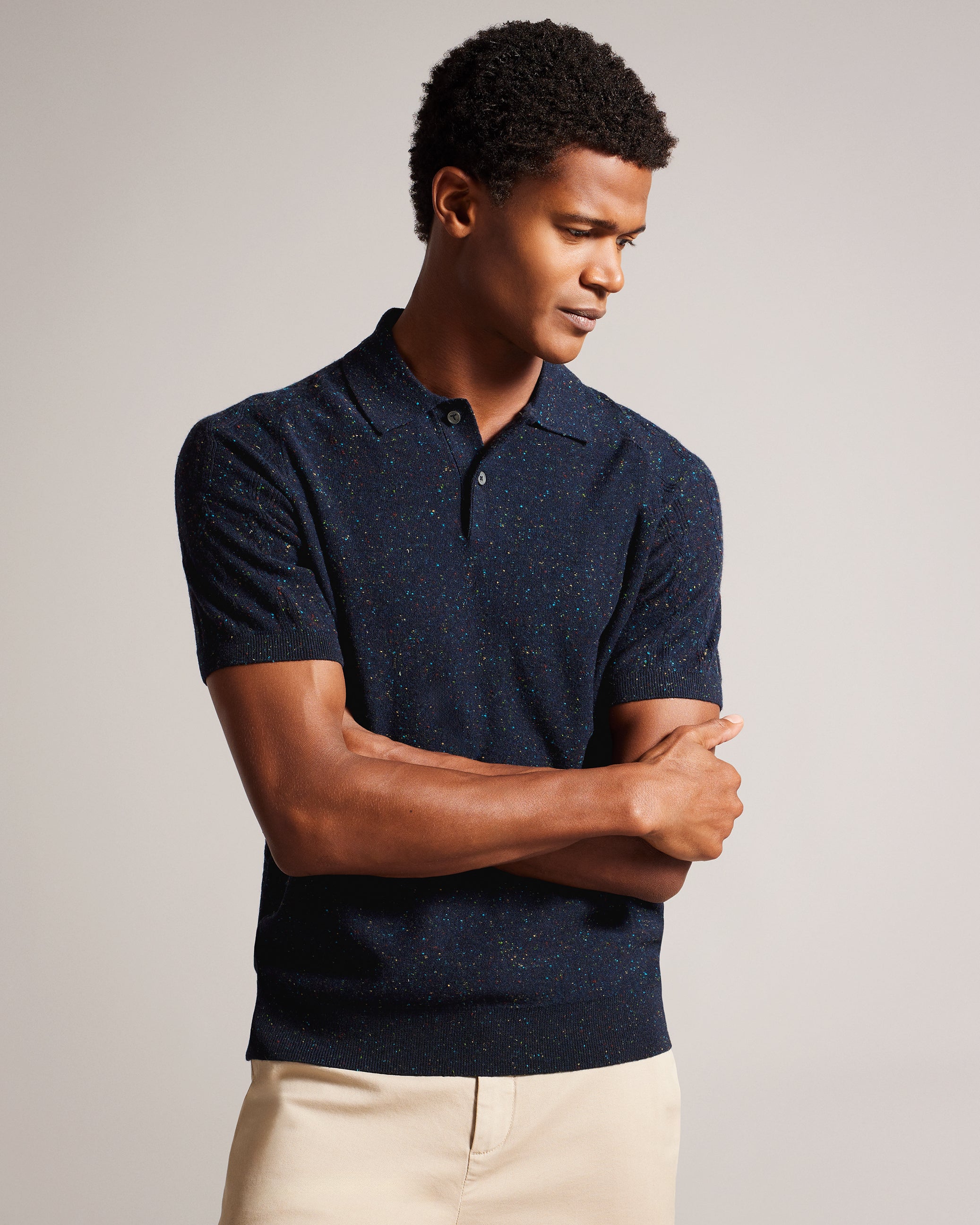 Ustee Marled Polo Shirt With Cable Knit Navy
