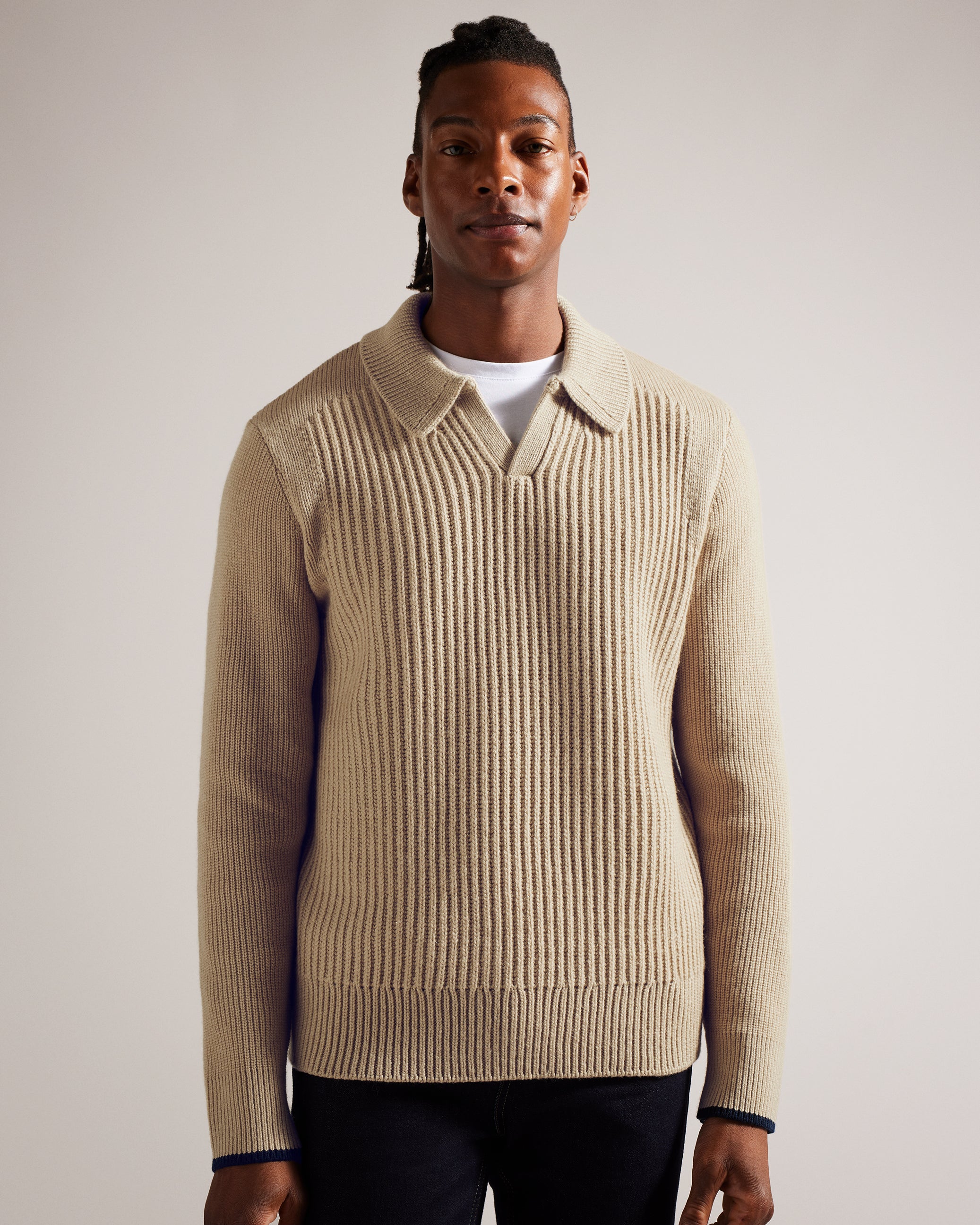 Ademy Ribbed Knit Polo Neck Jumper Taupe