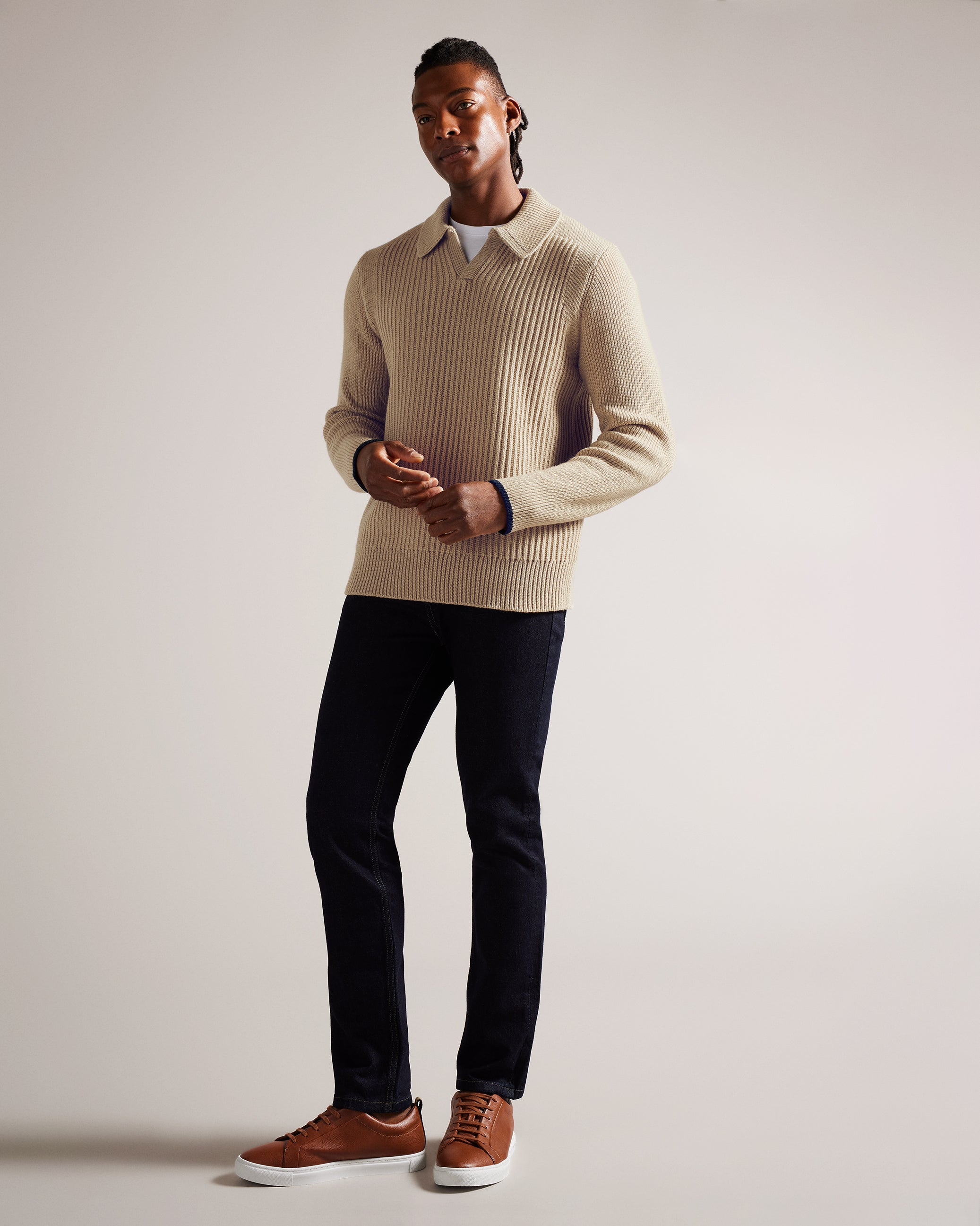 Ademy Ribbed Knit Polo Neck Jumper Taupe