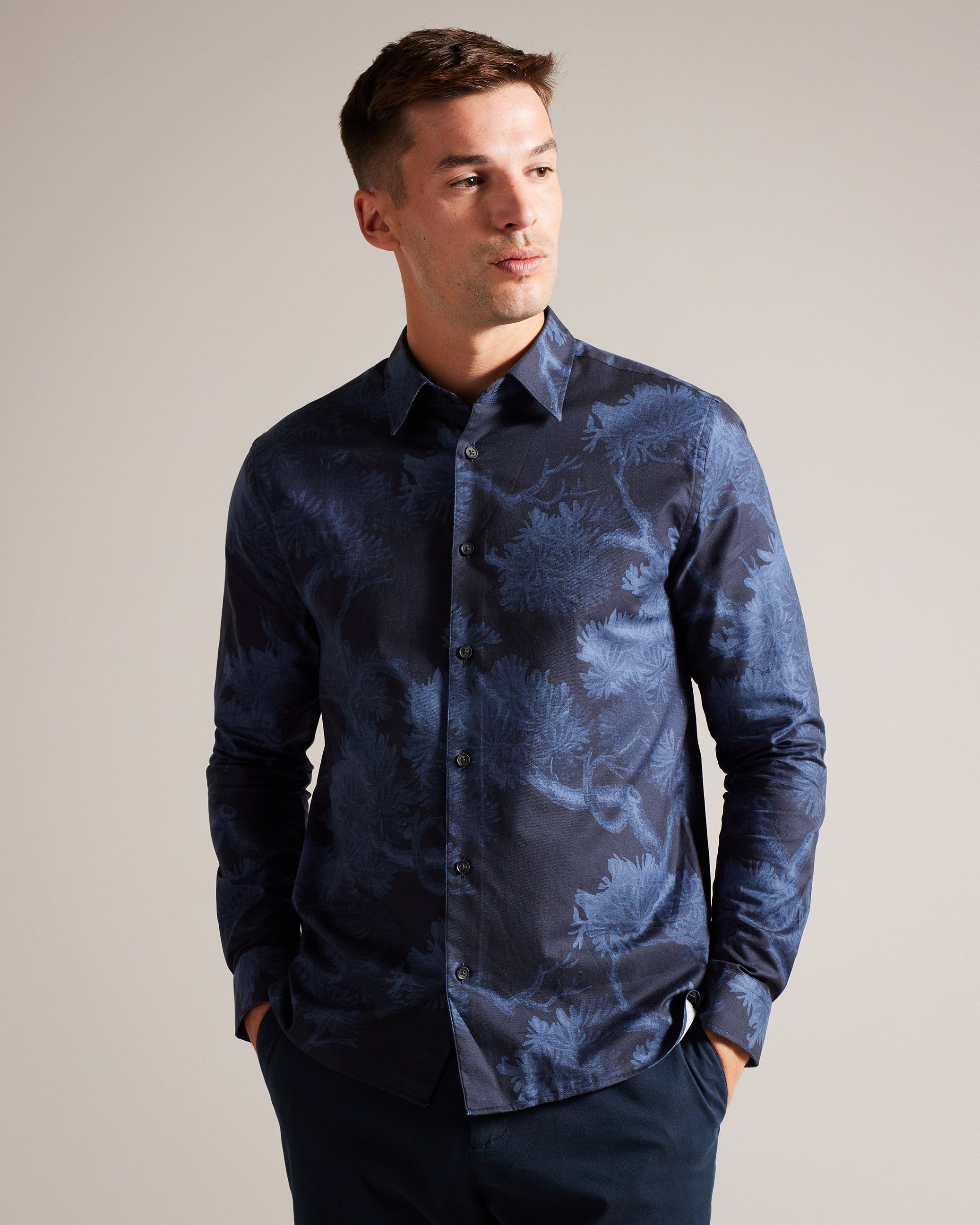 Goxhill Long Sleeve Leaf Print Shirt Dk-Blue