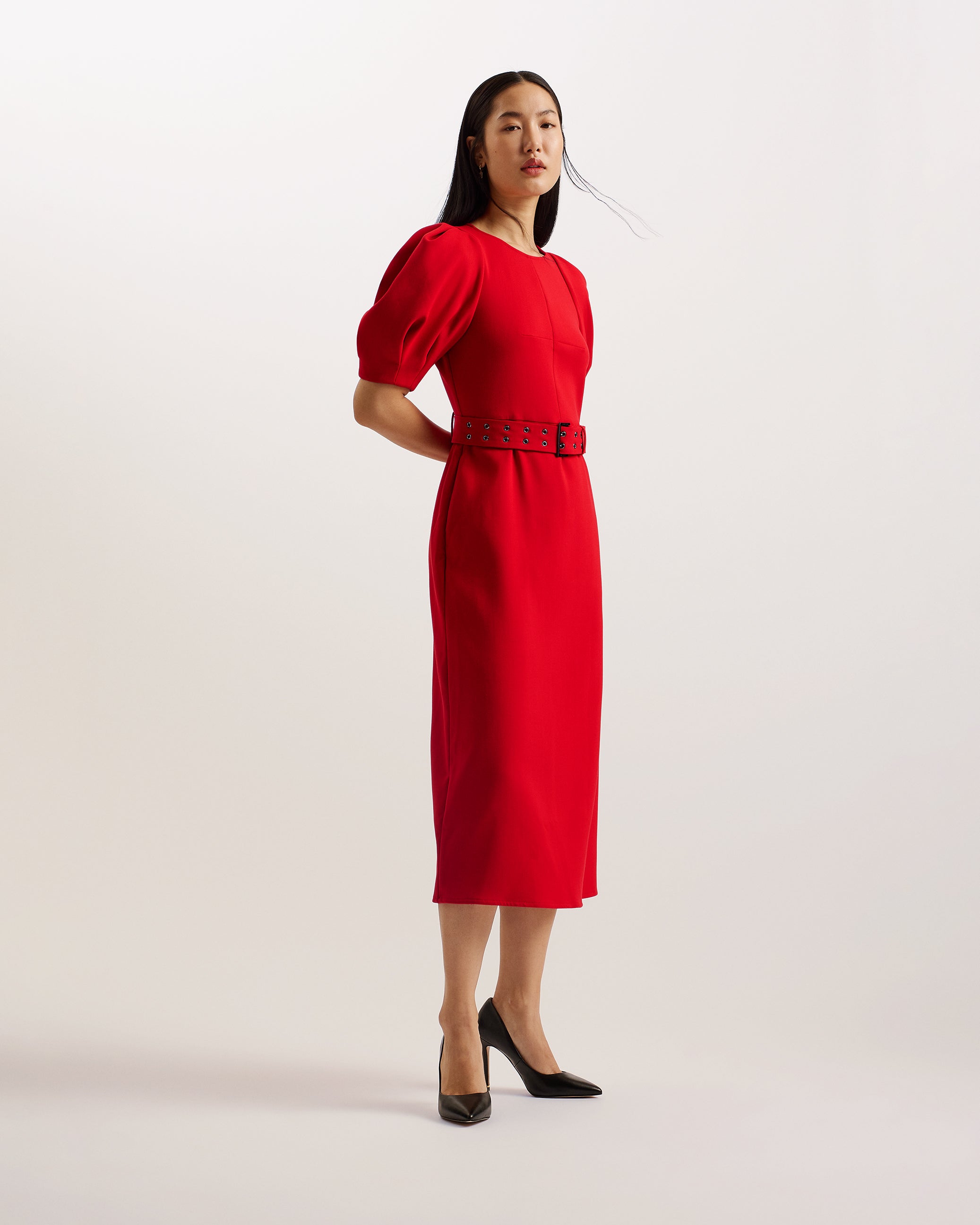 Gabyela Puff Sleeve Midi Dress With Belt Red