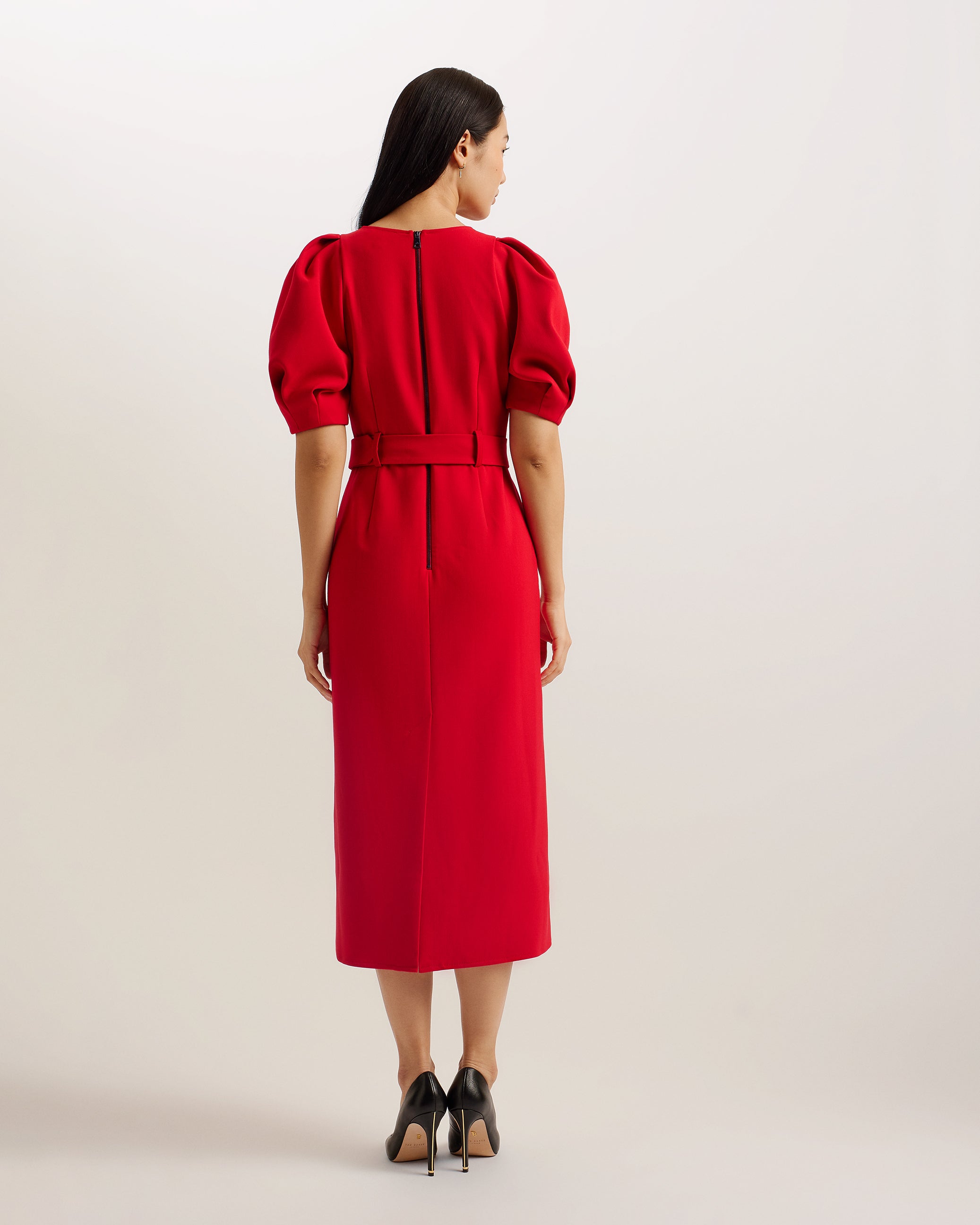 Gabyela Puff Sleeve Midi Dress With Belt Red