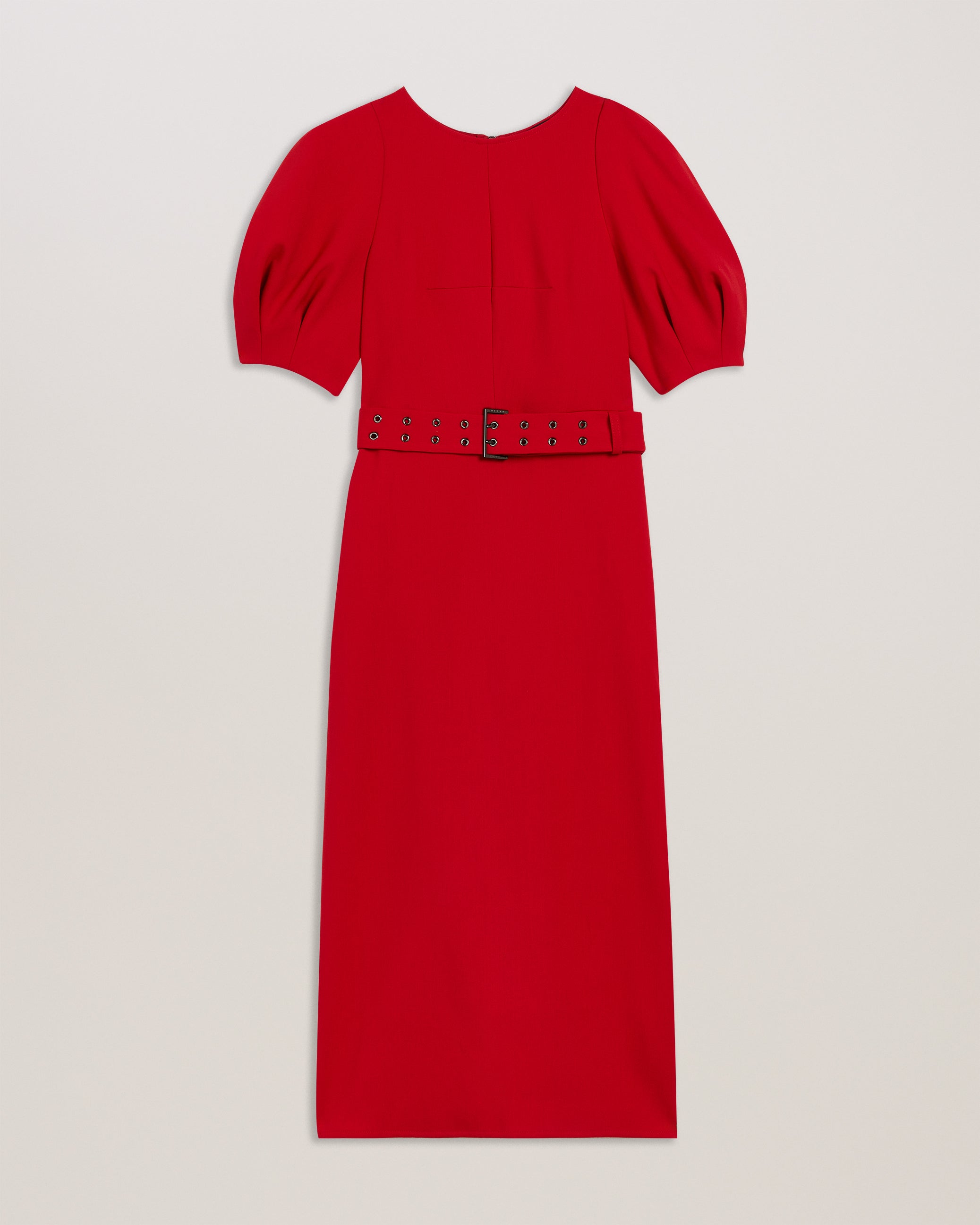 Gabyela Puff Sleeve Midi Dress With Belt Red