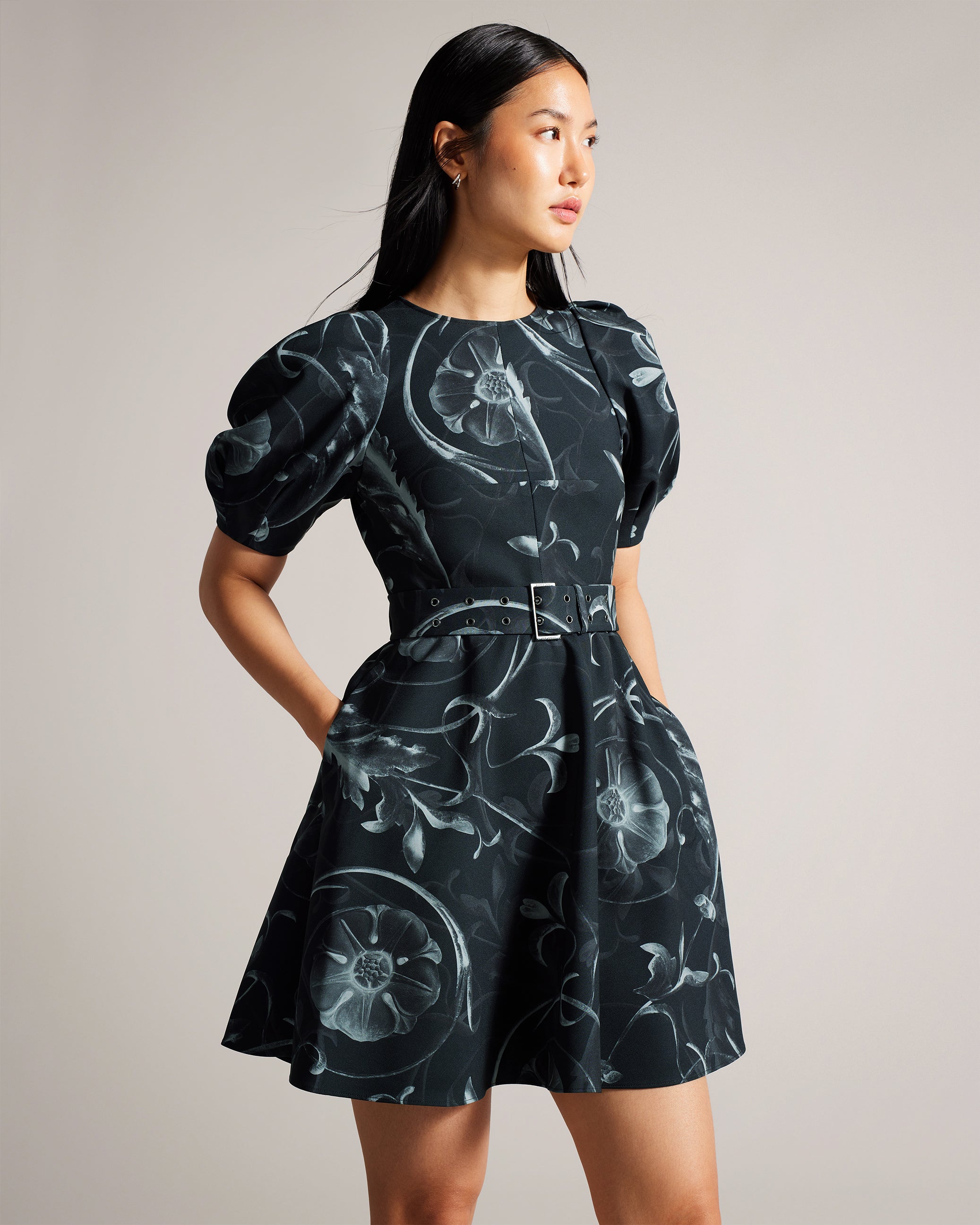 Saaraih Puff Sleeve Mini Dress With Belt Black