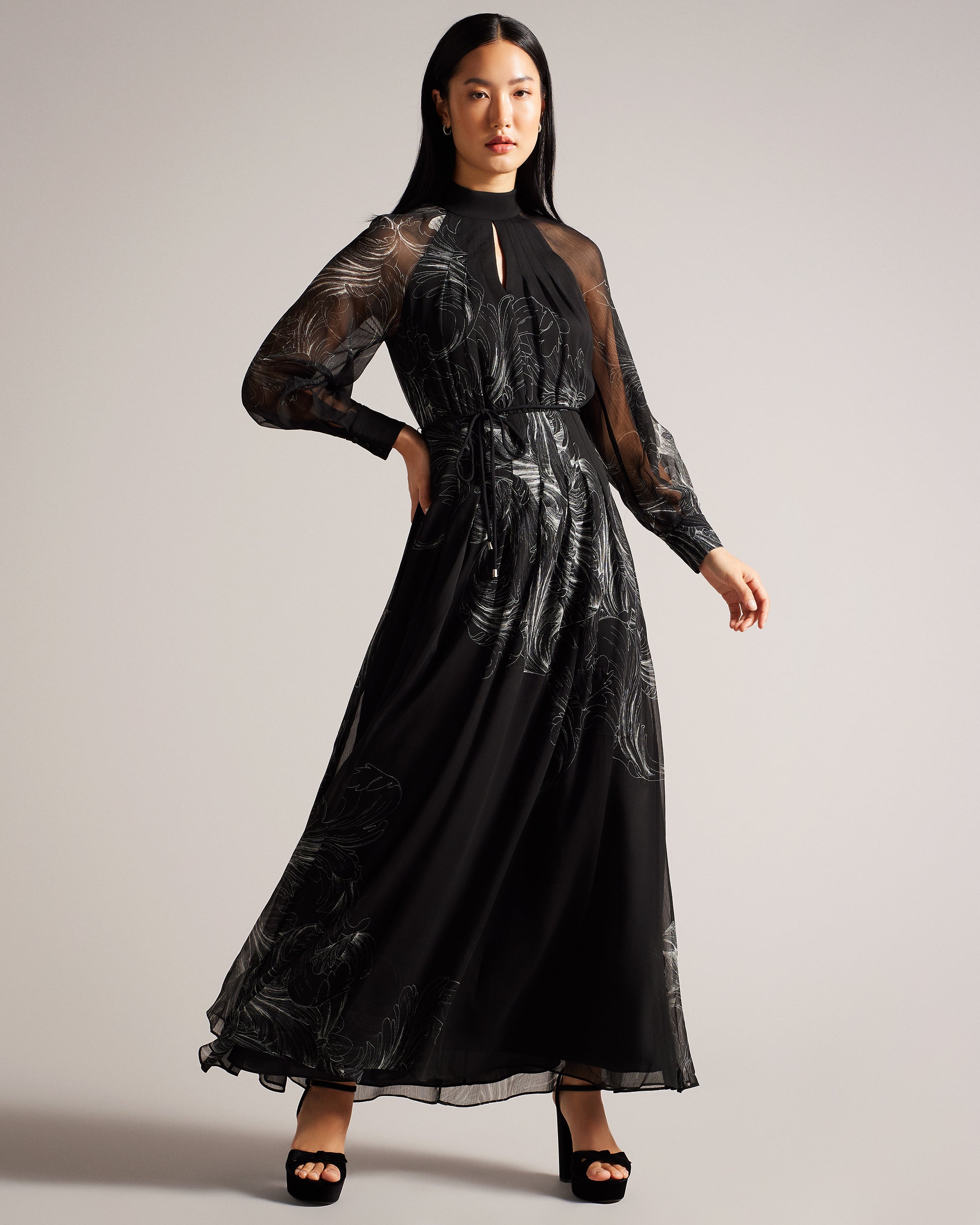Katiiy Belted High Neck Maxi Dress Black