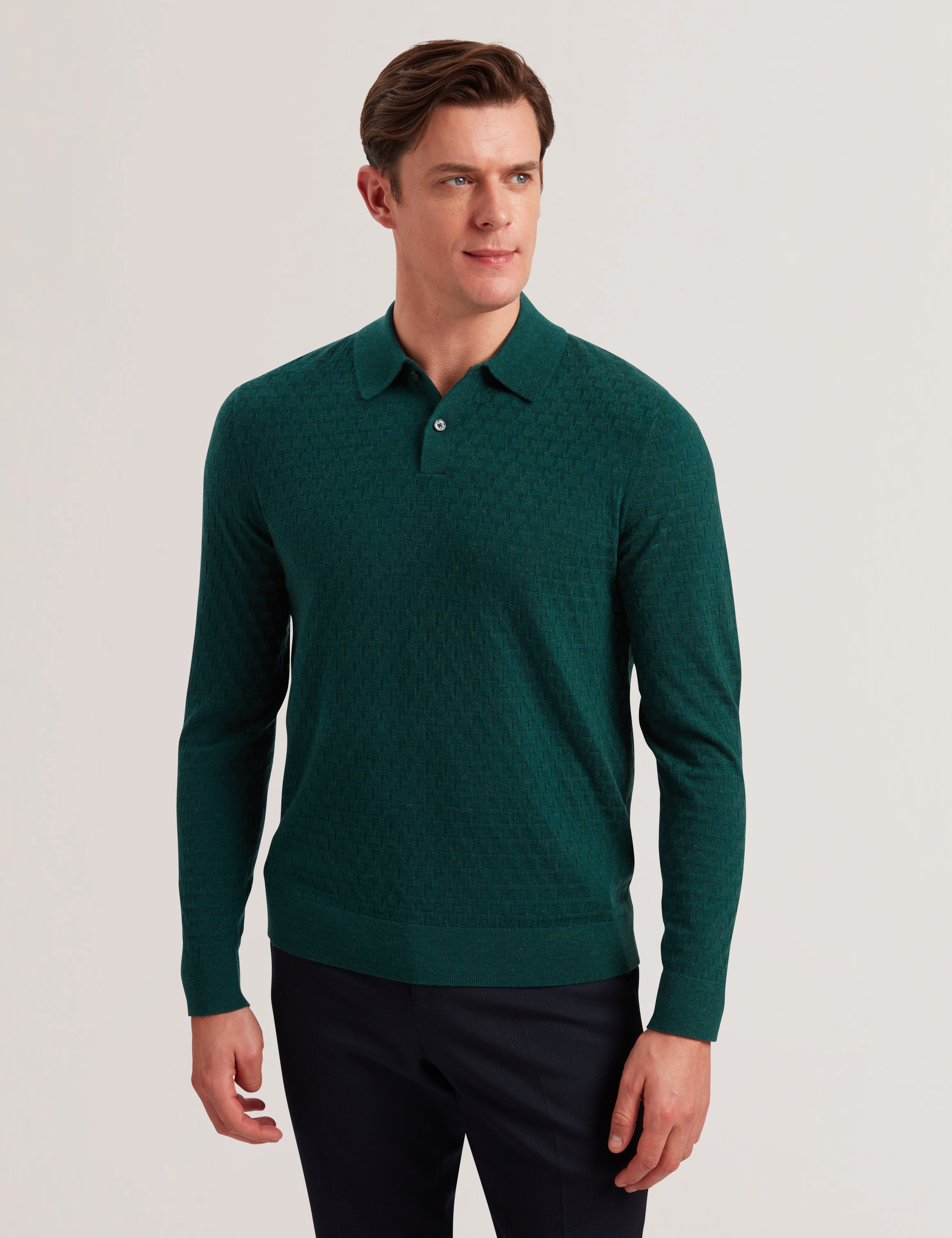 Morar Long Sleeve T Stitch Knitted Polo Dk-Green