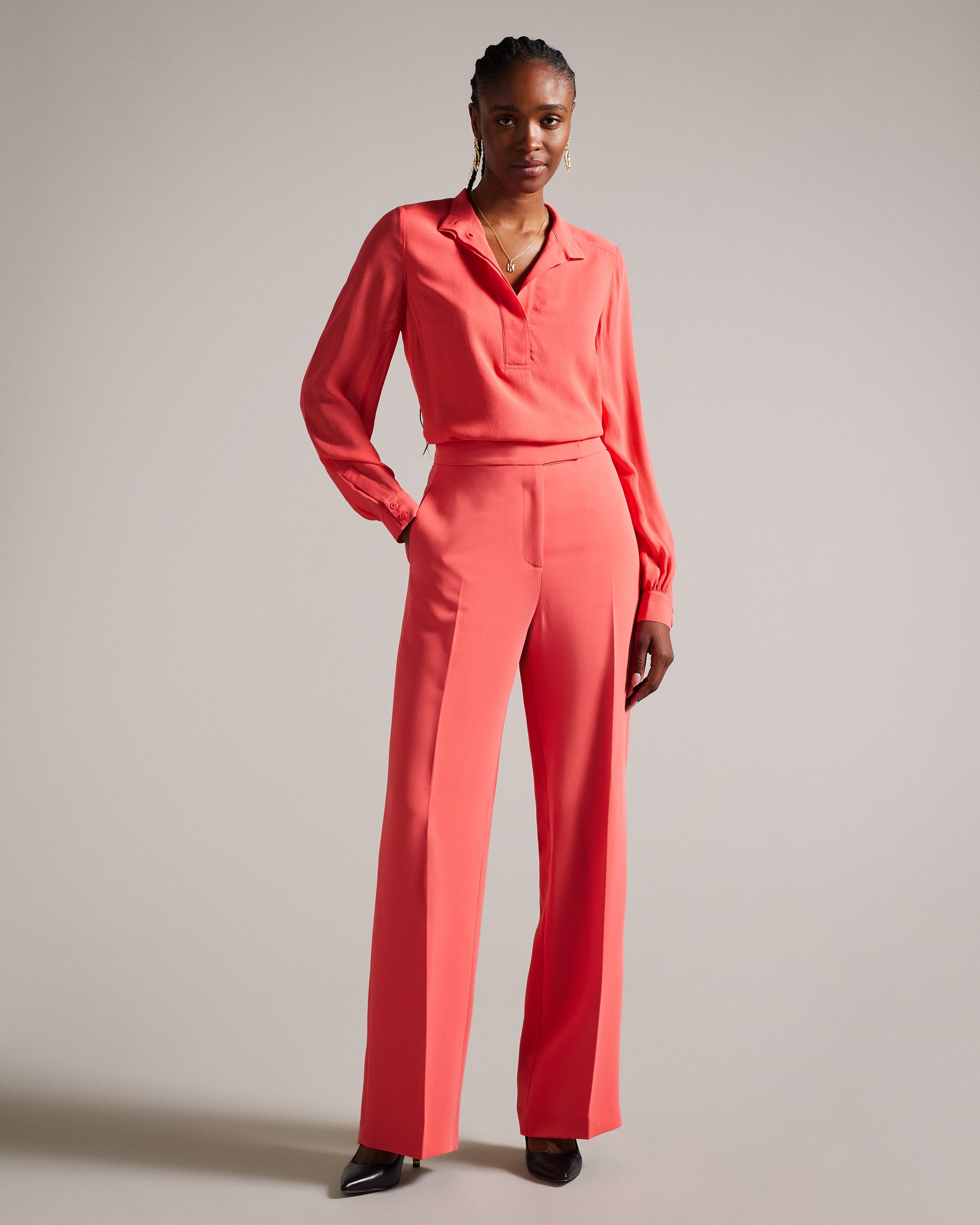 Hendra Stand Collar Blouse With Half Placket Coral