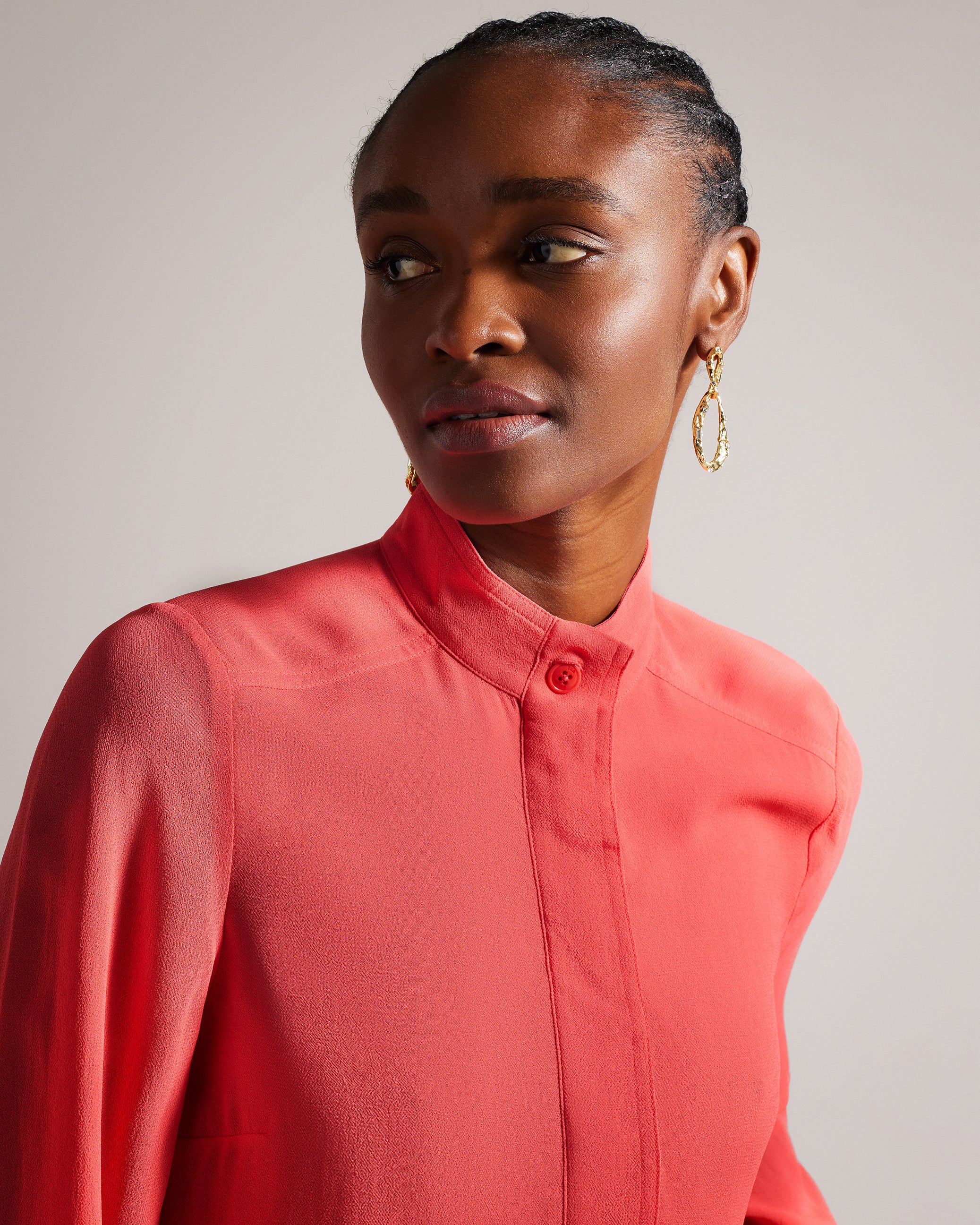 Hendra Stand Collar Blouse With Half Placket Coral