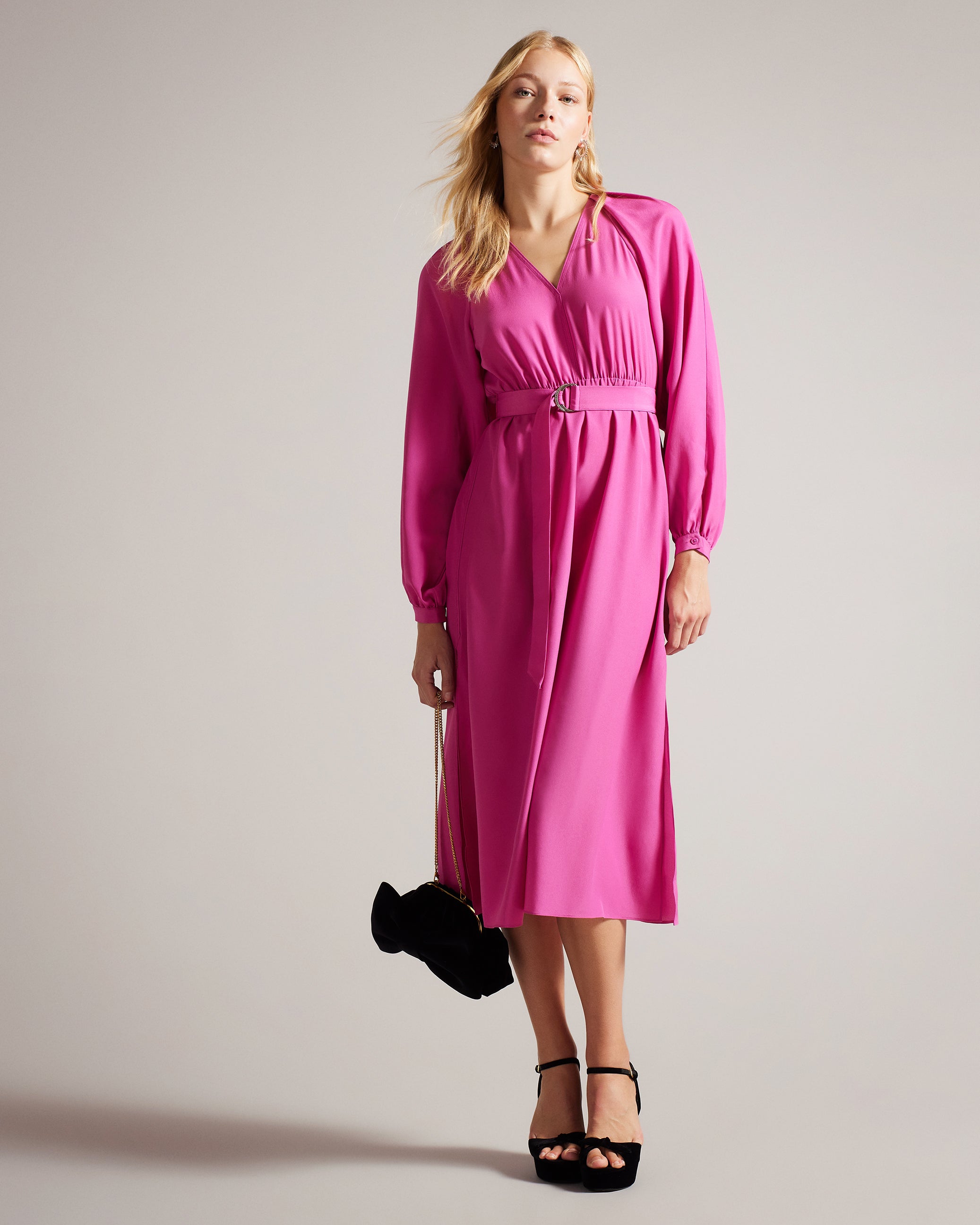Comus Midi Shirt Dress With Belted Waist Brt-Pink
