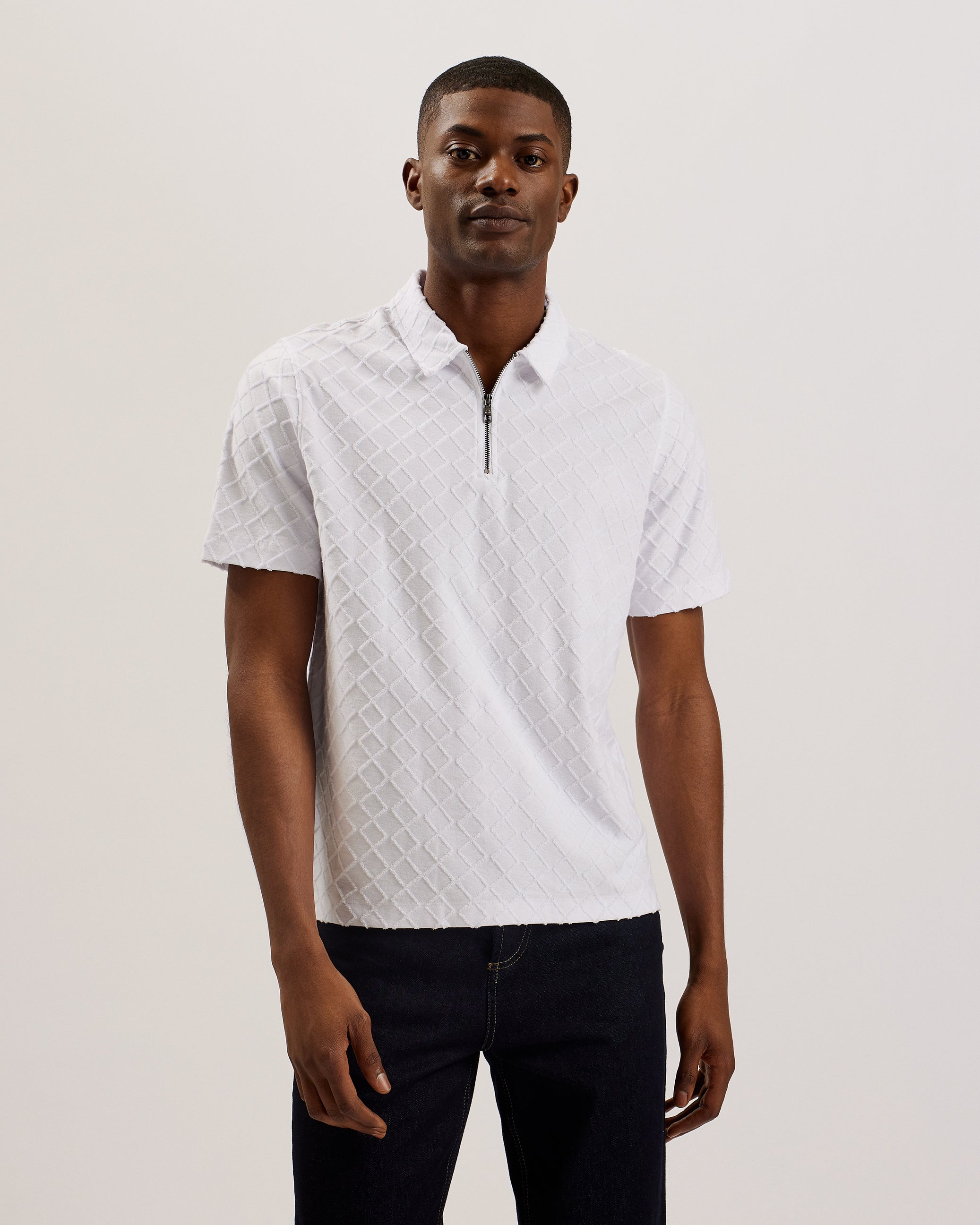 Ansom Zip-Neck Textured Towelling Cotton Polo White