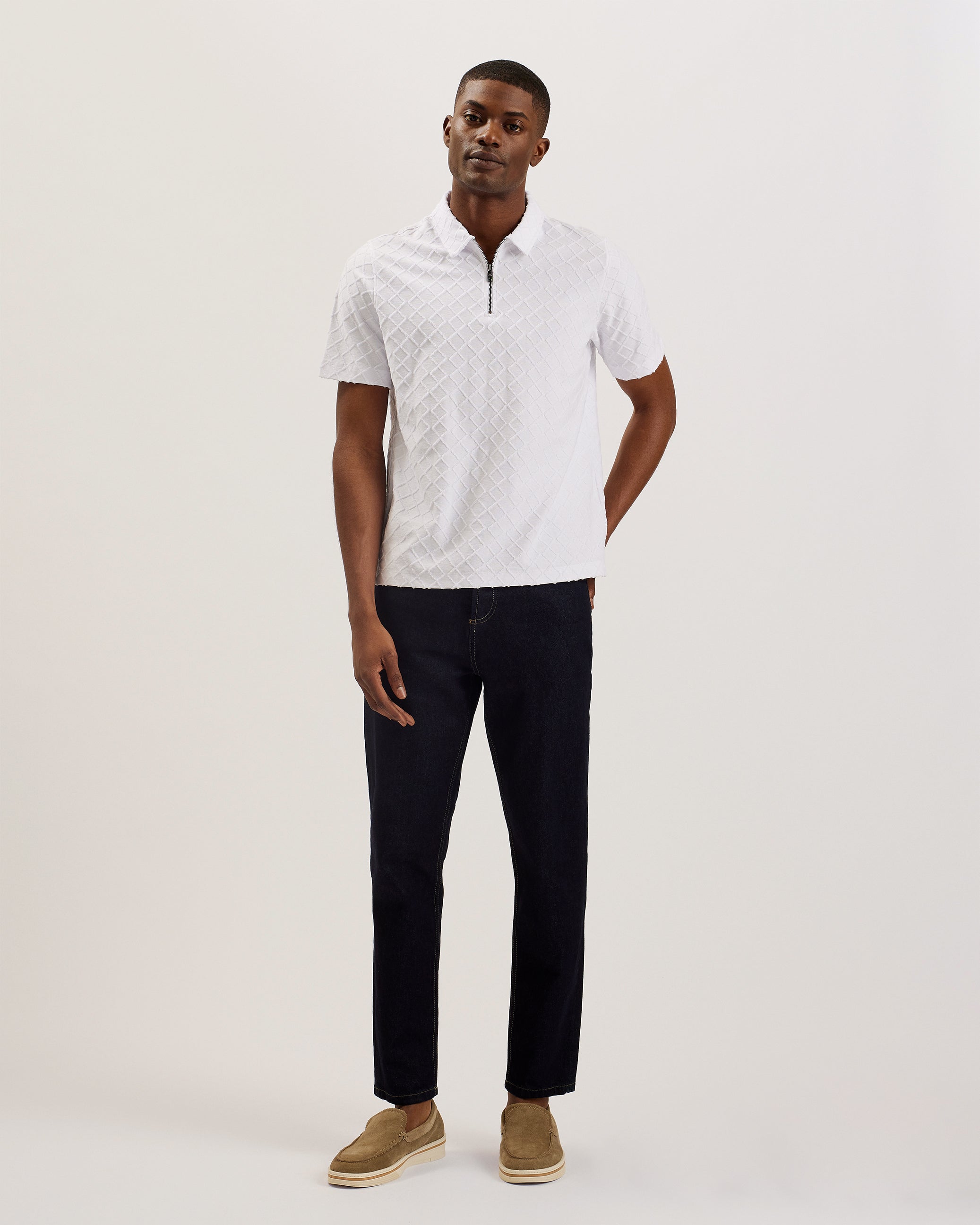 Ansom Zip-Neck Textured Towelling Cotton Polo White