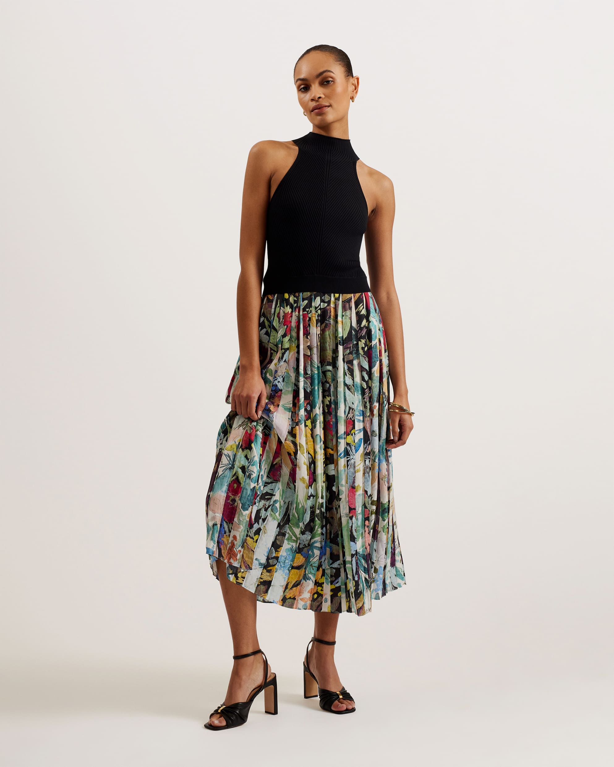 Corino Sleeveless Midi Dress With Floral Pleated Skirt Black