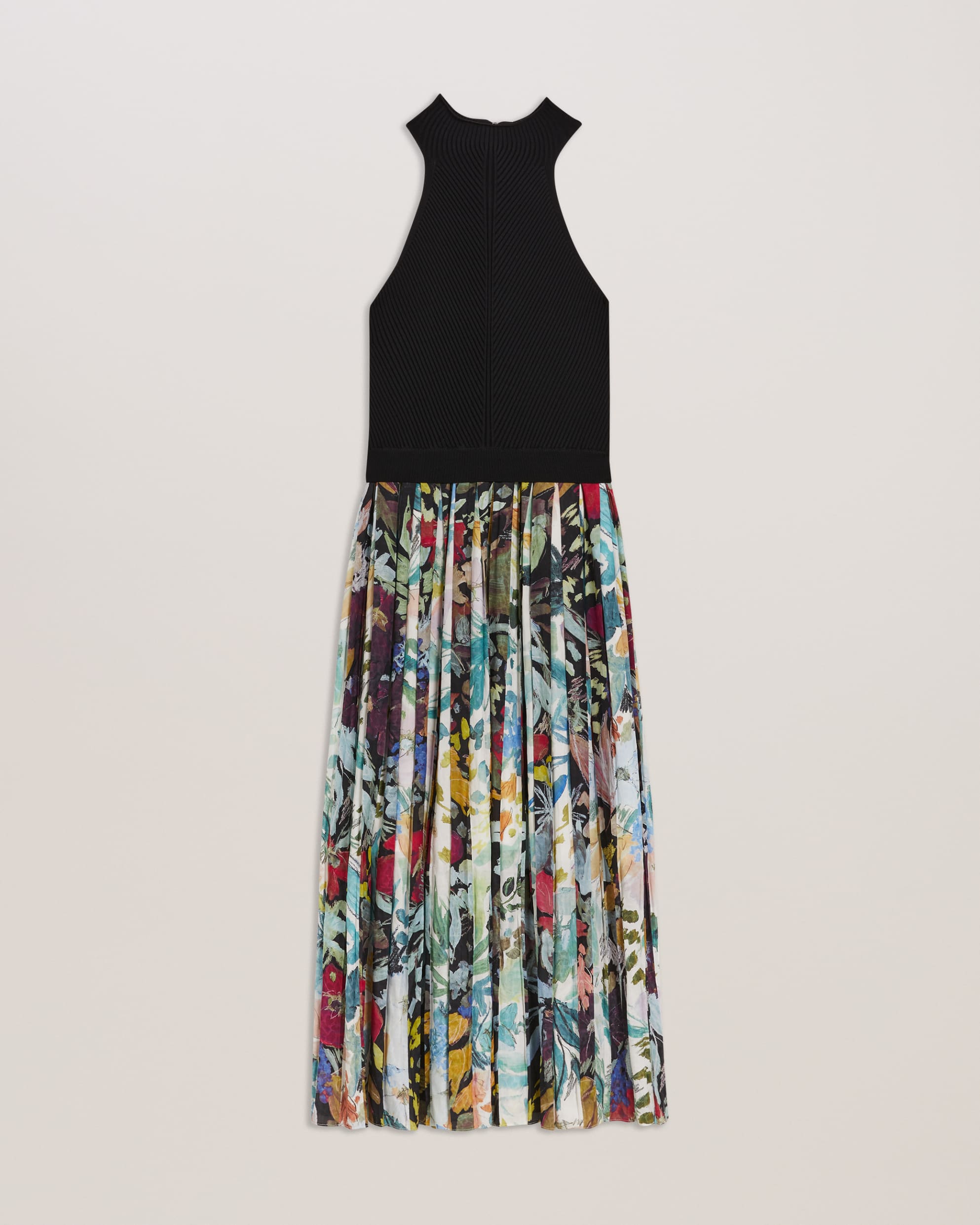 Corino Sleeveless Midi Dress With Floral Pleated Skirt Black