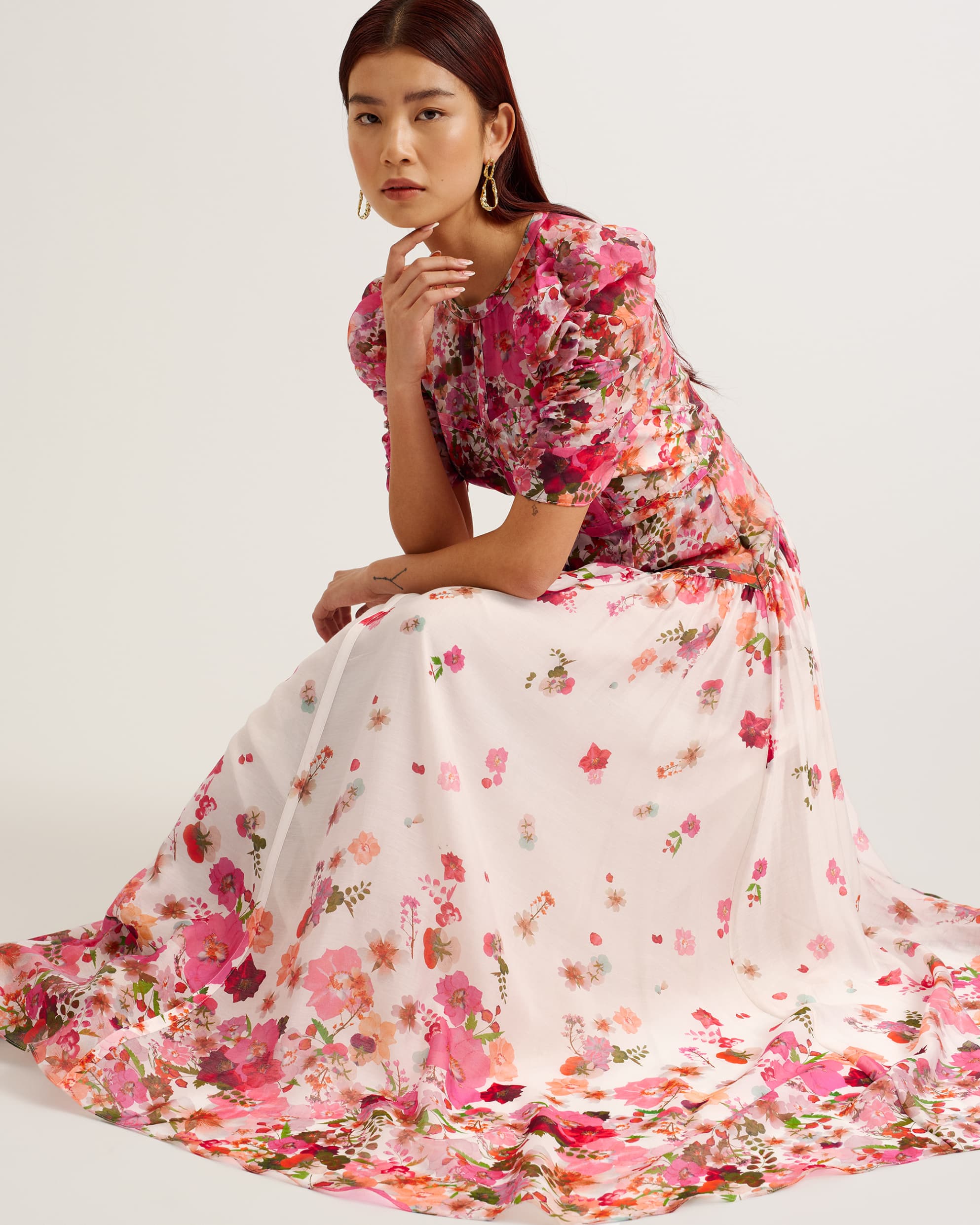 Alviano Floral Print Puff Sleeve Maxi Dress Pink