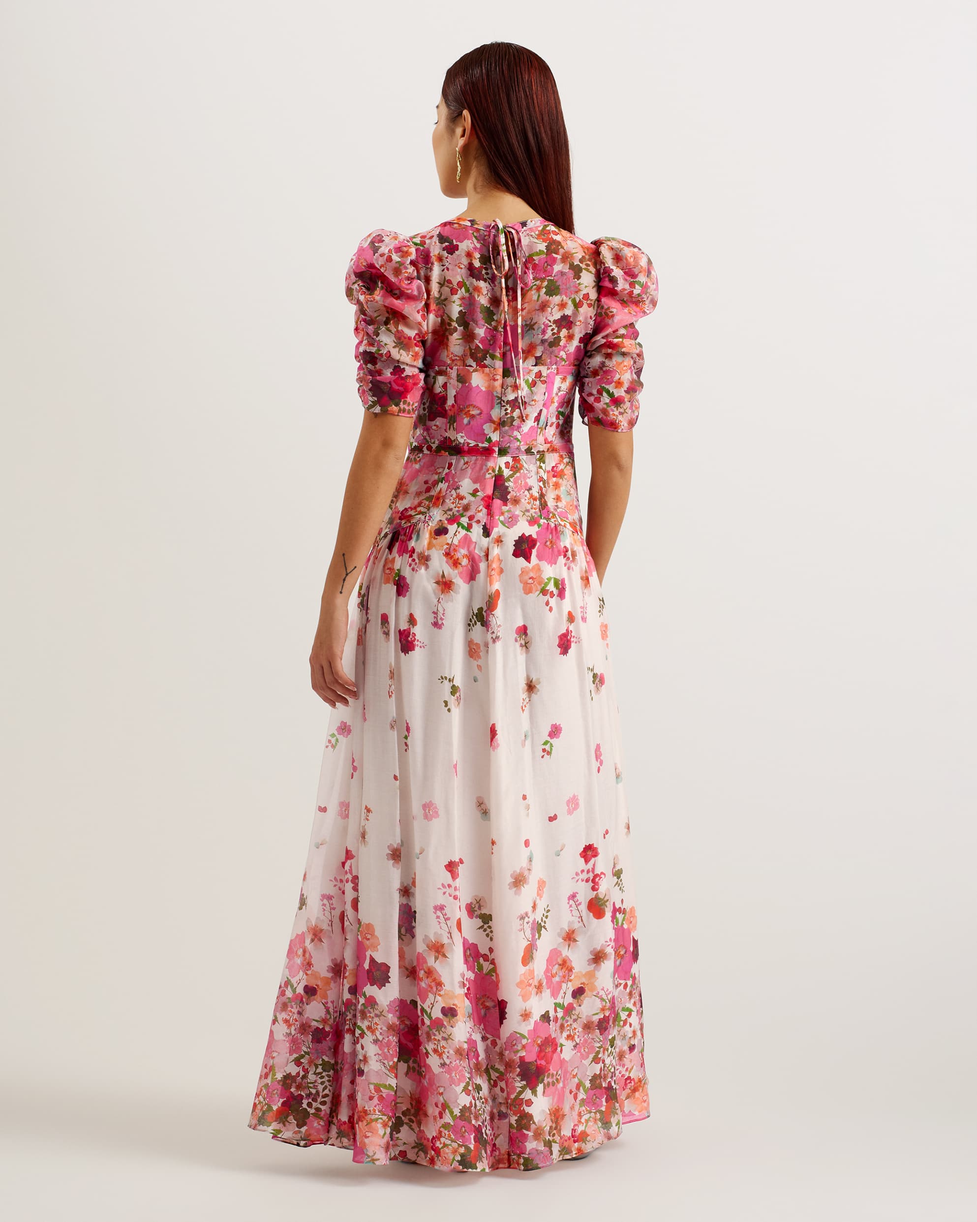 Alviano Floral Print Puff Sleeve Maxi Dress Pink