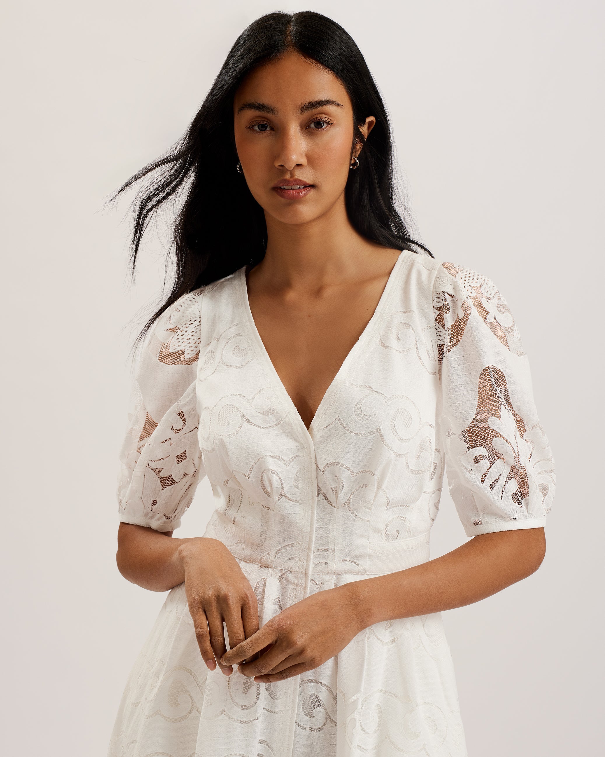 Agnel Lace Puff Sleeve Midi Dress White