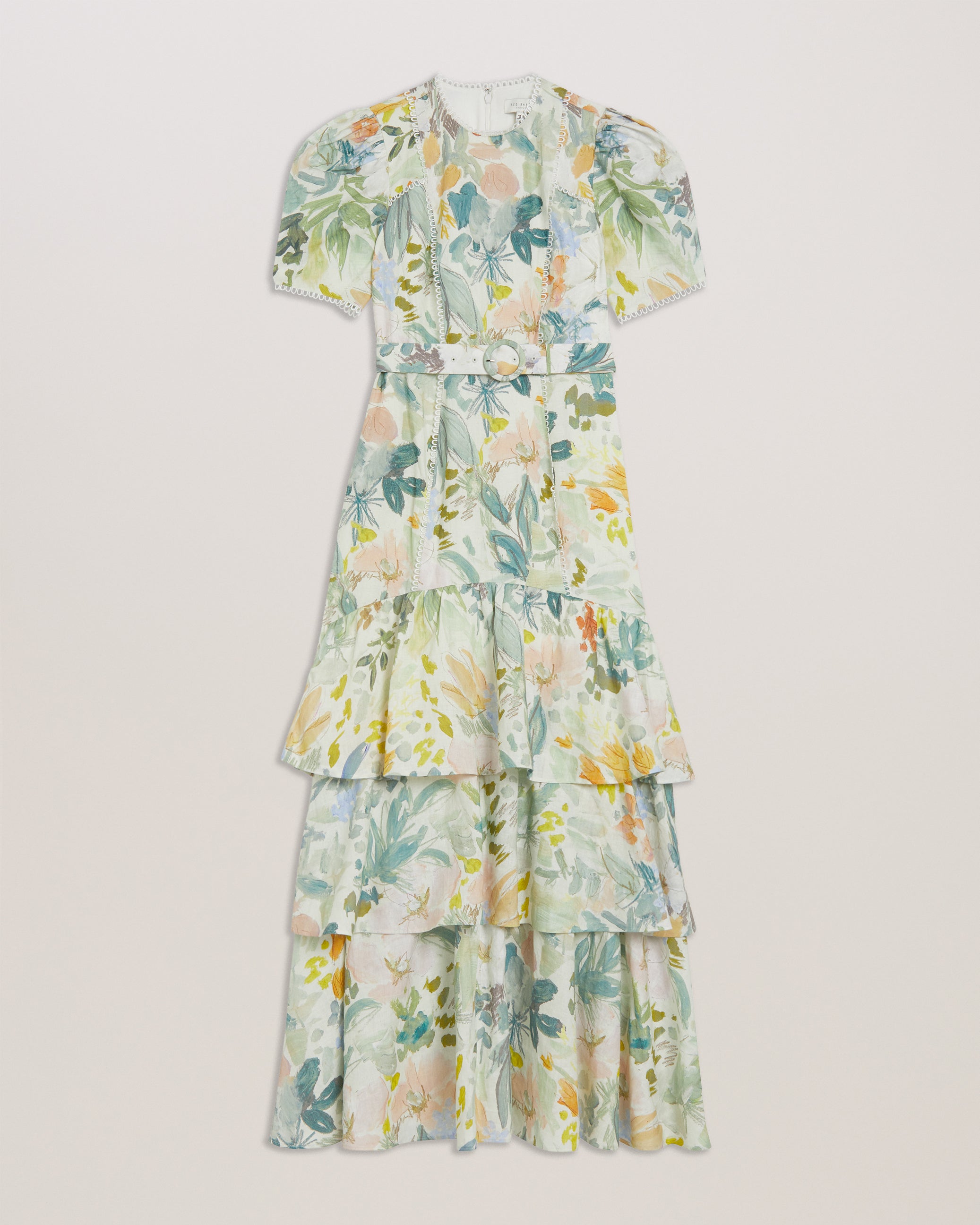 Devero Belted Floral Tiered Maxi Dress Ivory