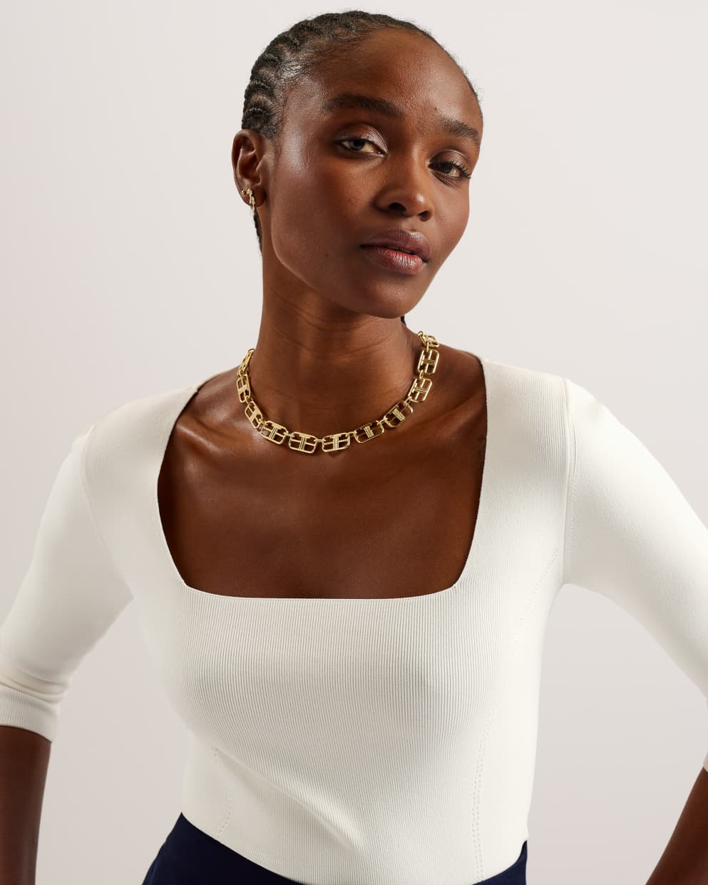 Vallryy Square Neck Fitted Knit Top Ivory