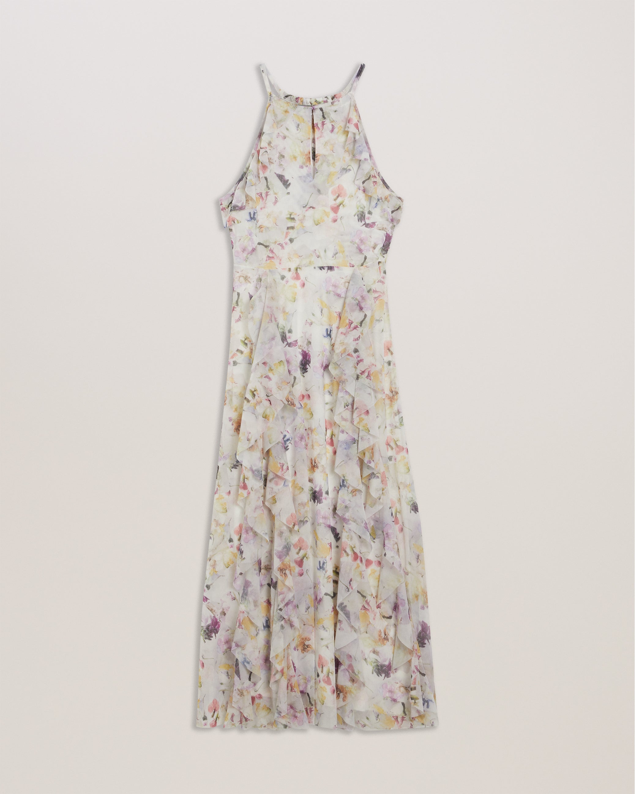 Lauriin Sleeveless Floral Ruffle Detail Midi Dress White