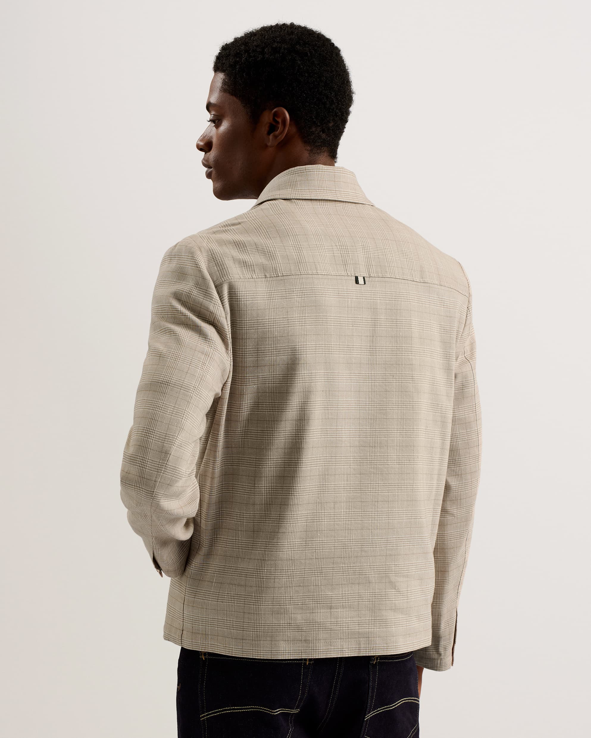 Firs Check Print Collared Linen Jacket Taupe