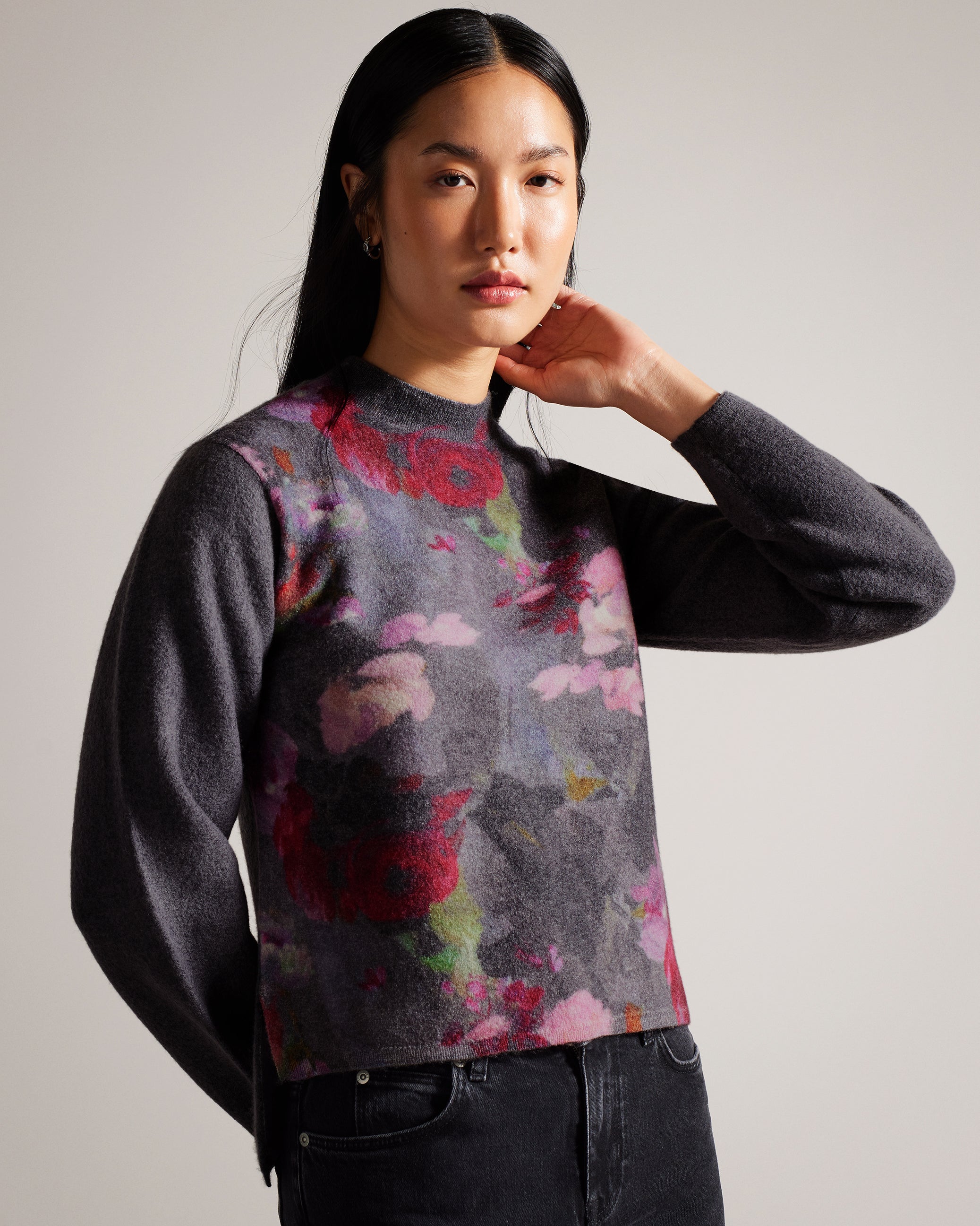 Daysiyy Floral Knitted Wool Jumper Black