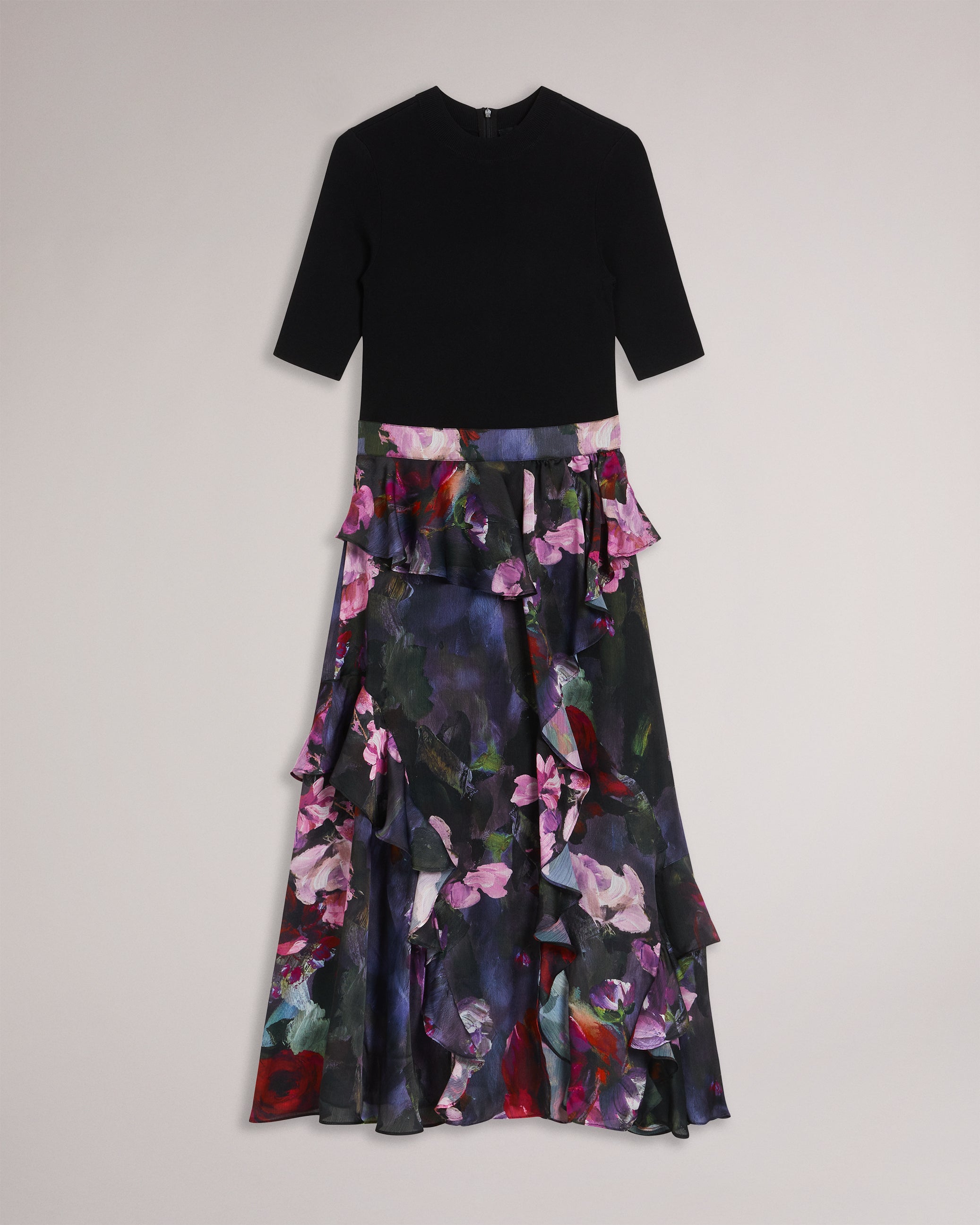 Rowana Fitted Knit Bodice Dress With Ruffle Skirt Black
