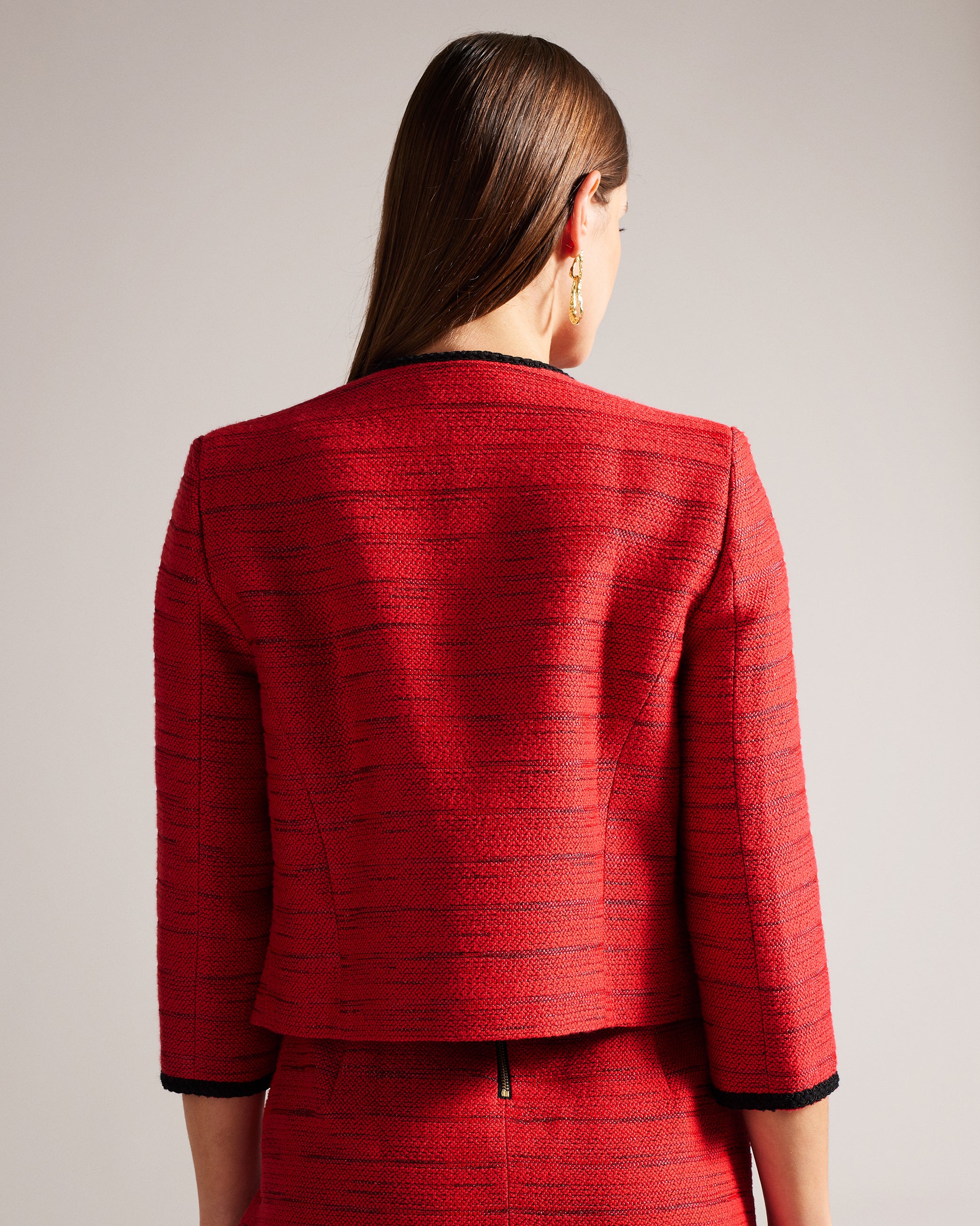 Olivan Open Front Boucle Jacket Red