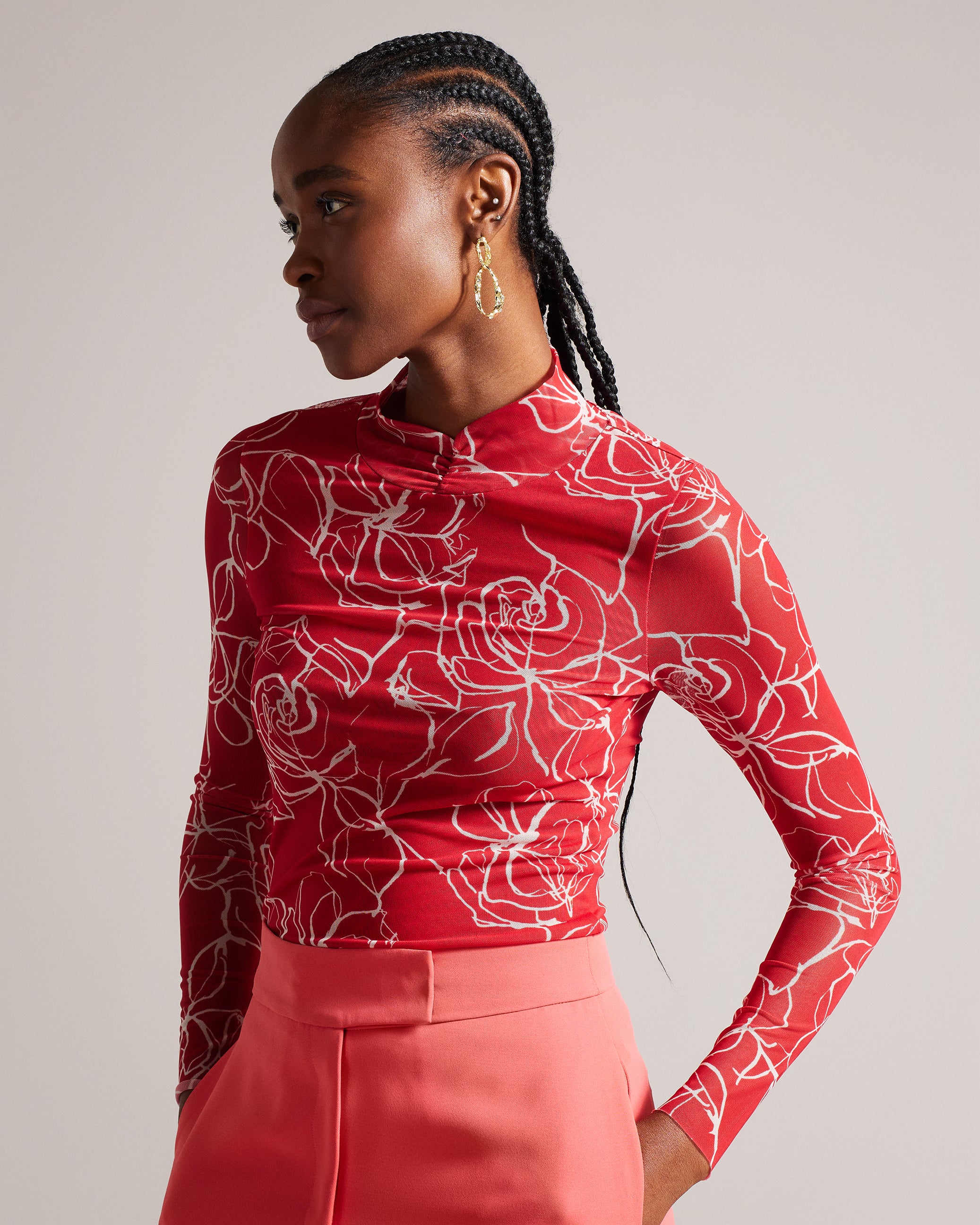 Helanr Printed Fitted Mesh Top Red