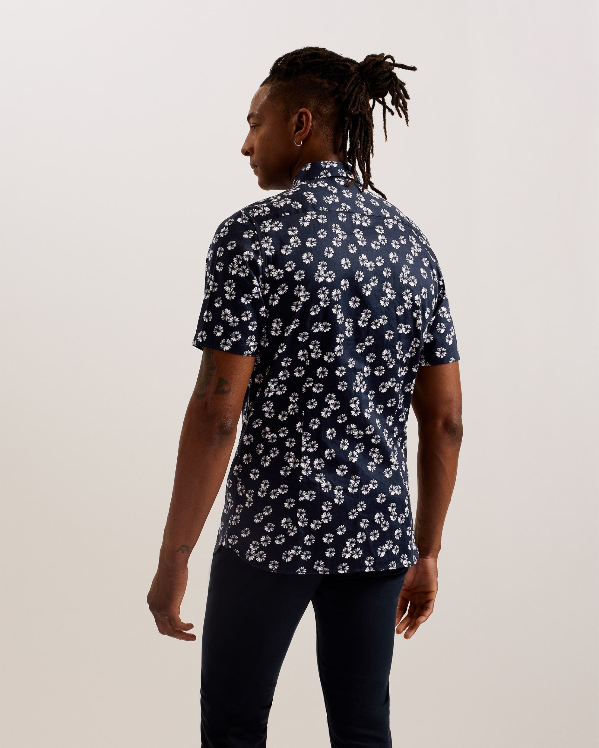 Alfanso Slim Fit Floral Short Sleeve Shirt Navy