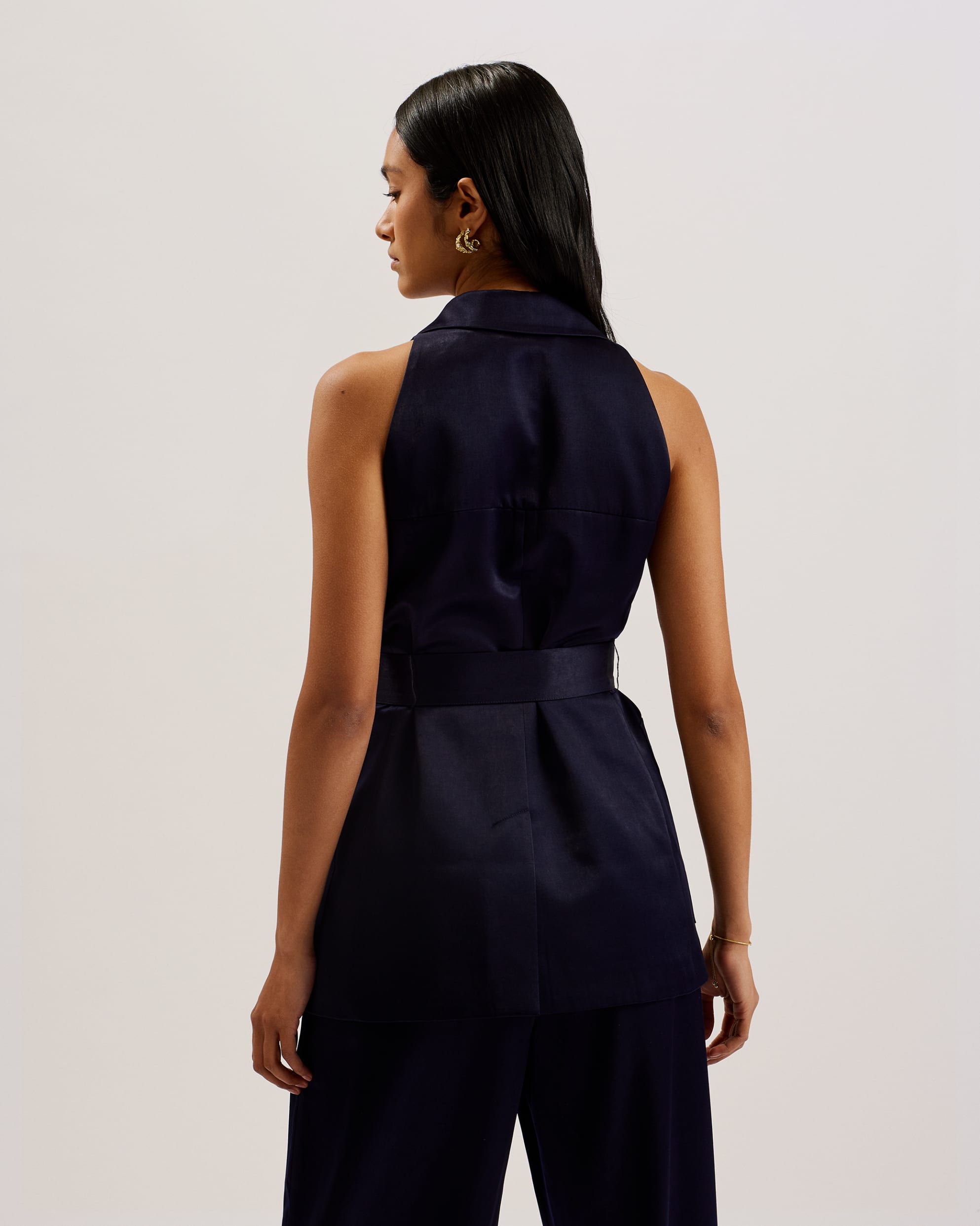 Teeru Satin Belted Longline Waistcoat Navy