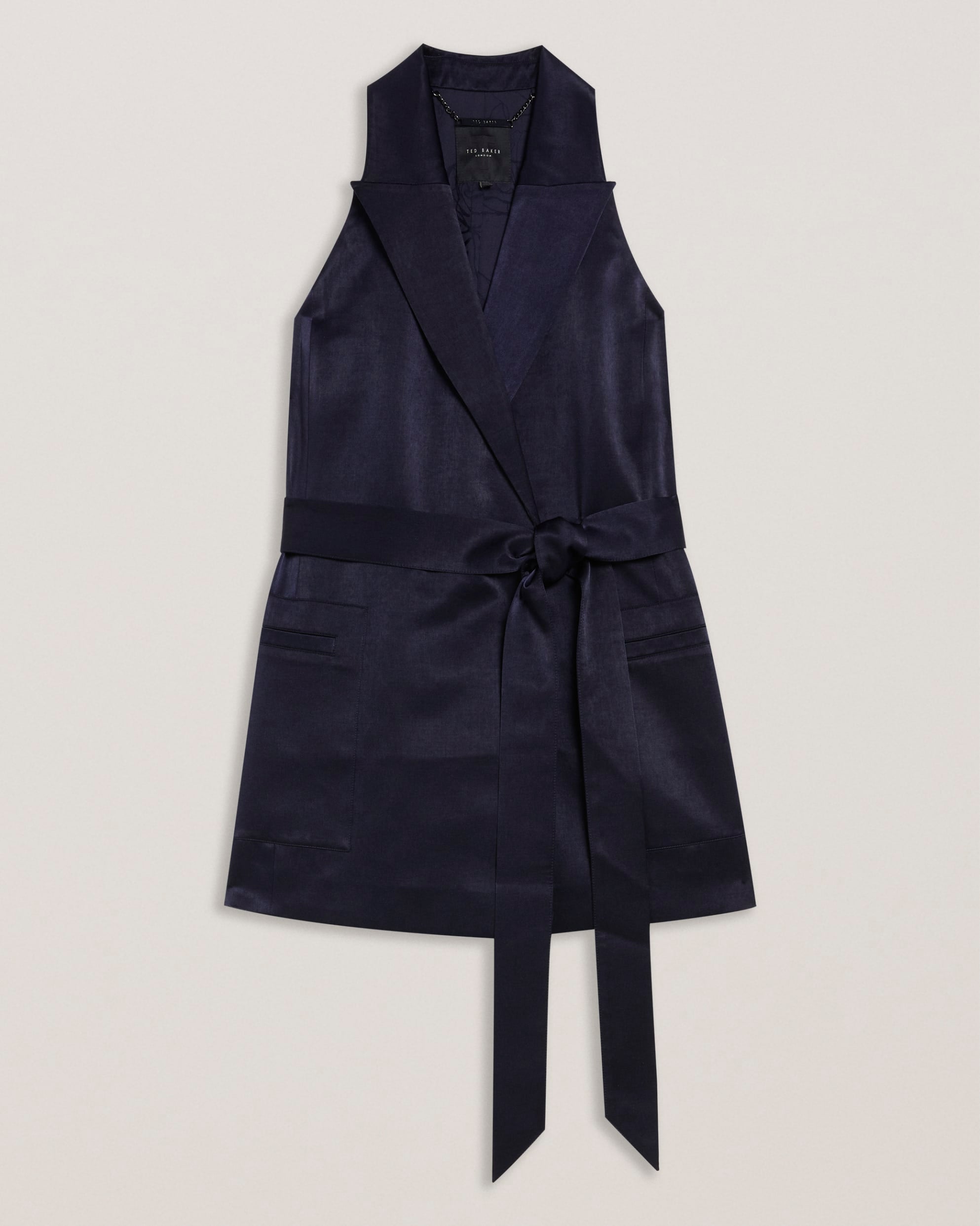 Teeru Satin Belted Longline Waistcoat Navy