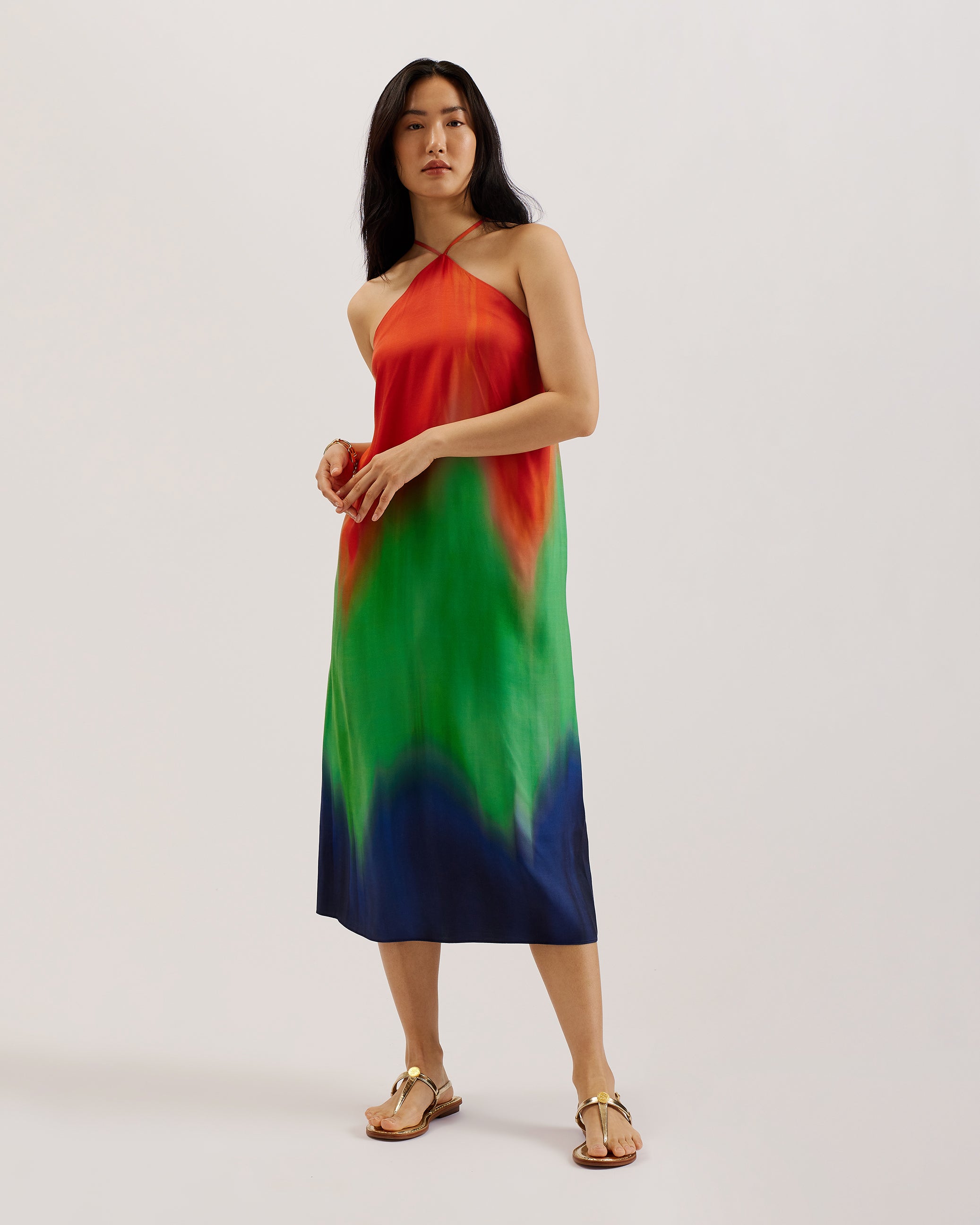 Yugata Printed Halter Neck Midi Dress Multicol