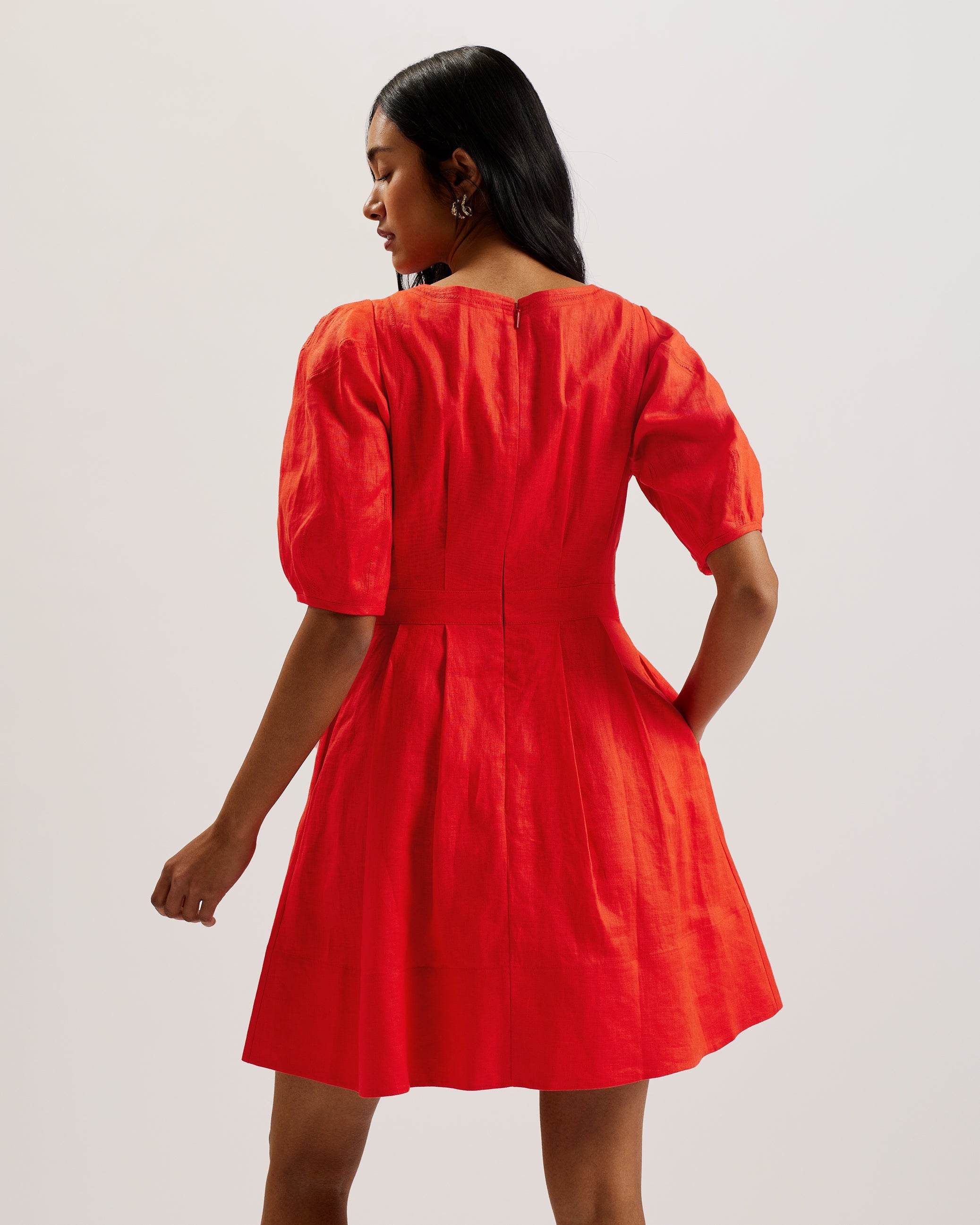 Koyo Linen Puff Sleeve Mini Dress Red