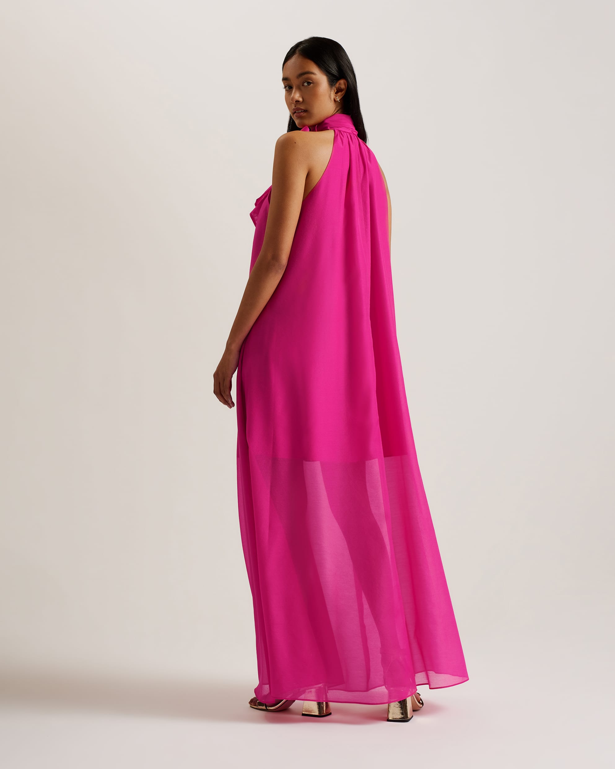 Arikaa Organza Maxi Dress With Tie Neck Brt-Pink