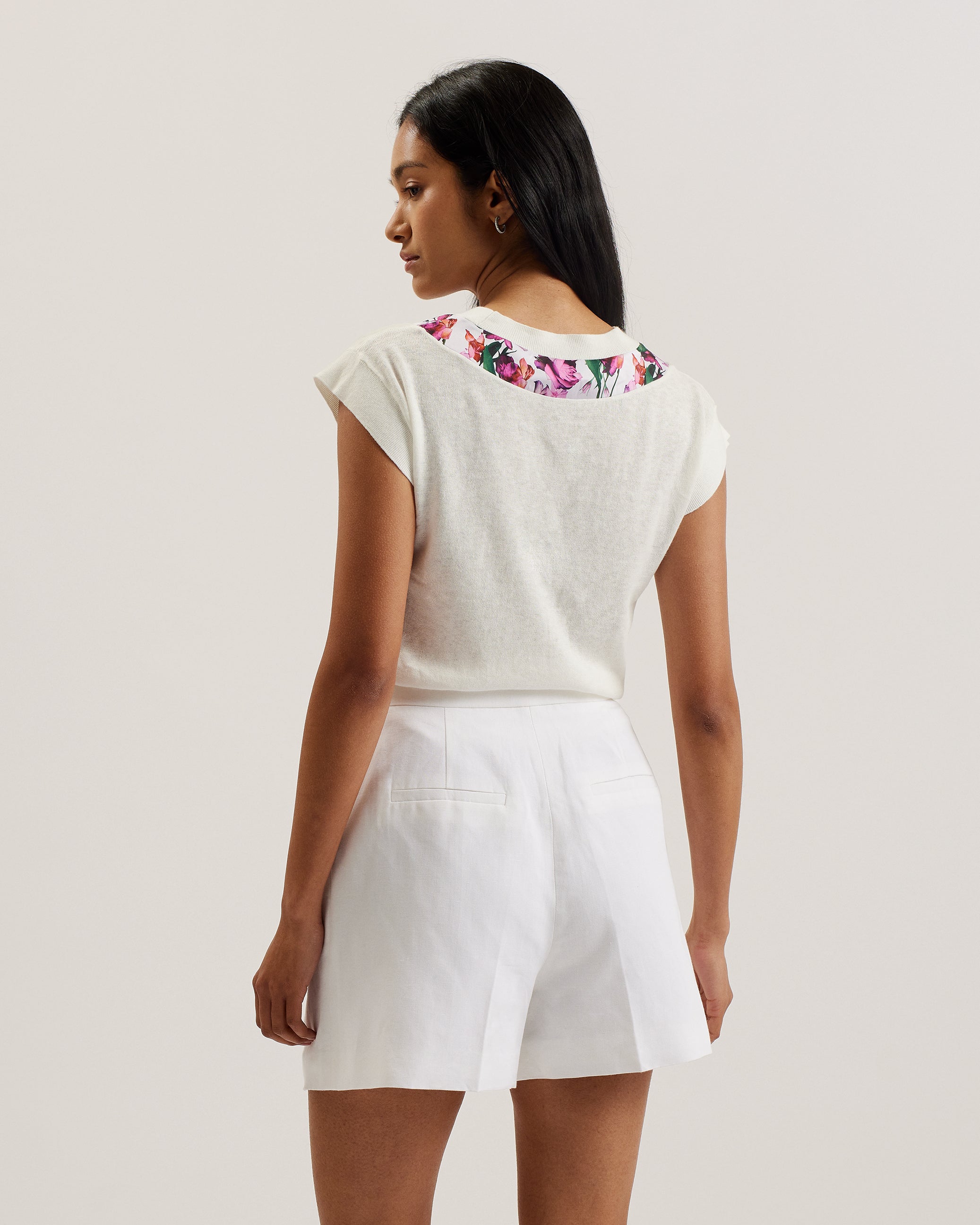 Phyllis Short Sleeve Woven Trim Knit Top Ivory