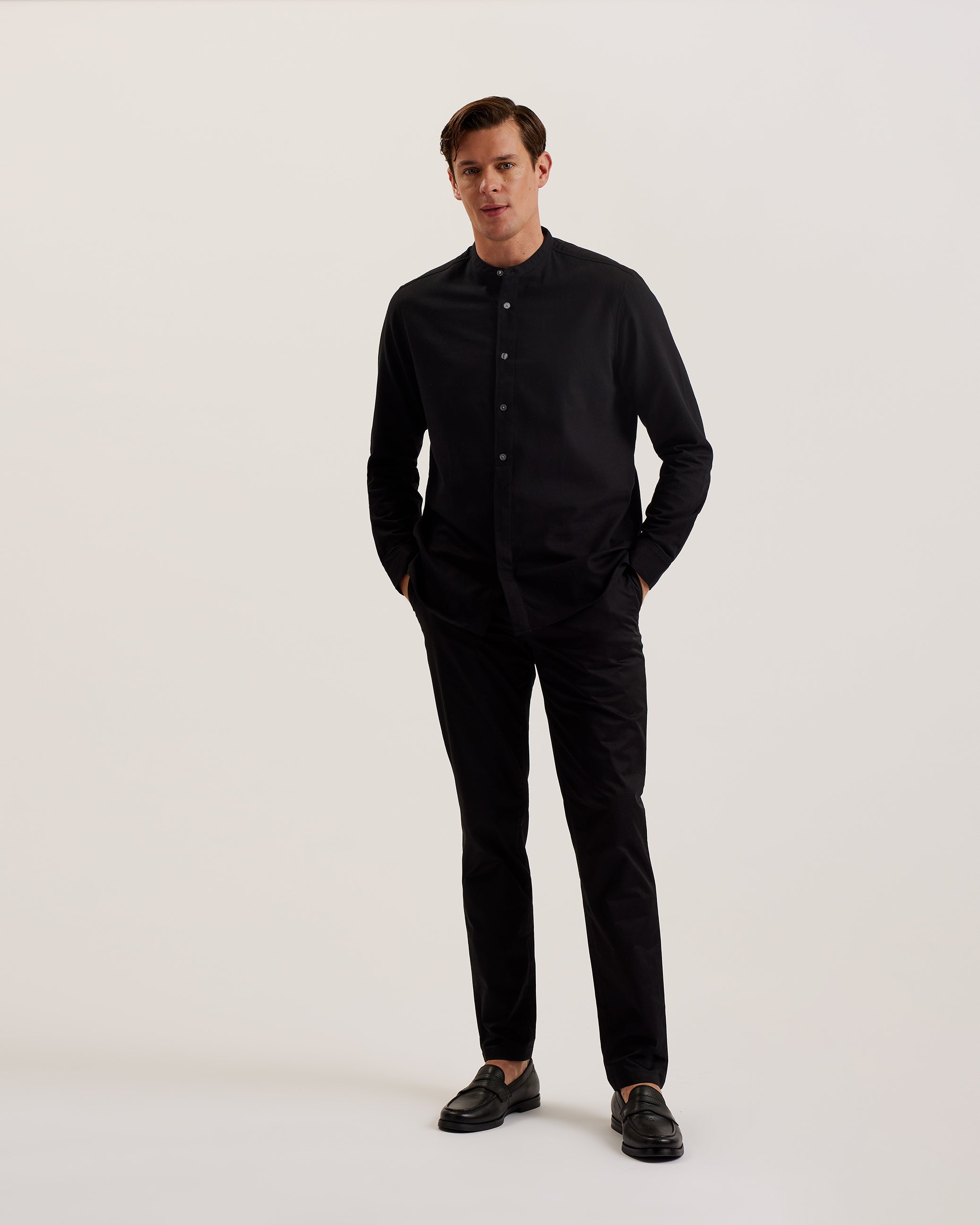 Bastuns Long Sleeve Relaxed Grandad Collar Shirt Black