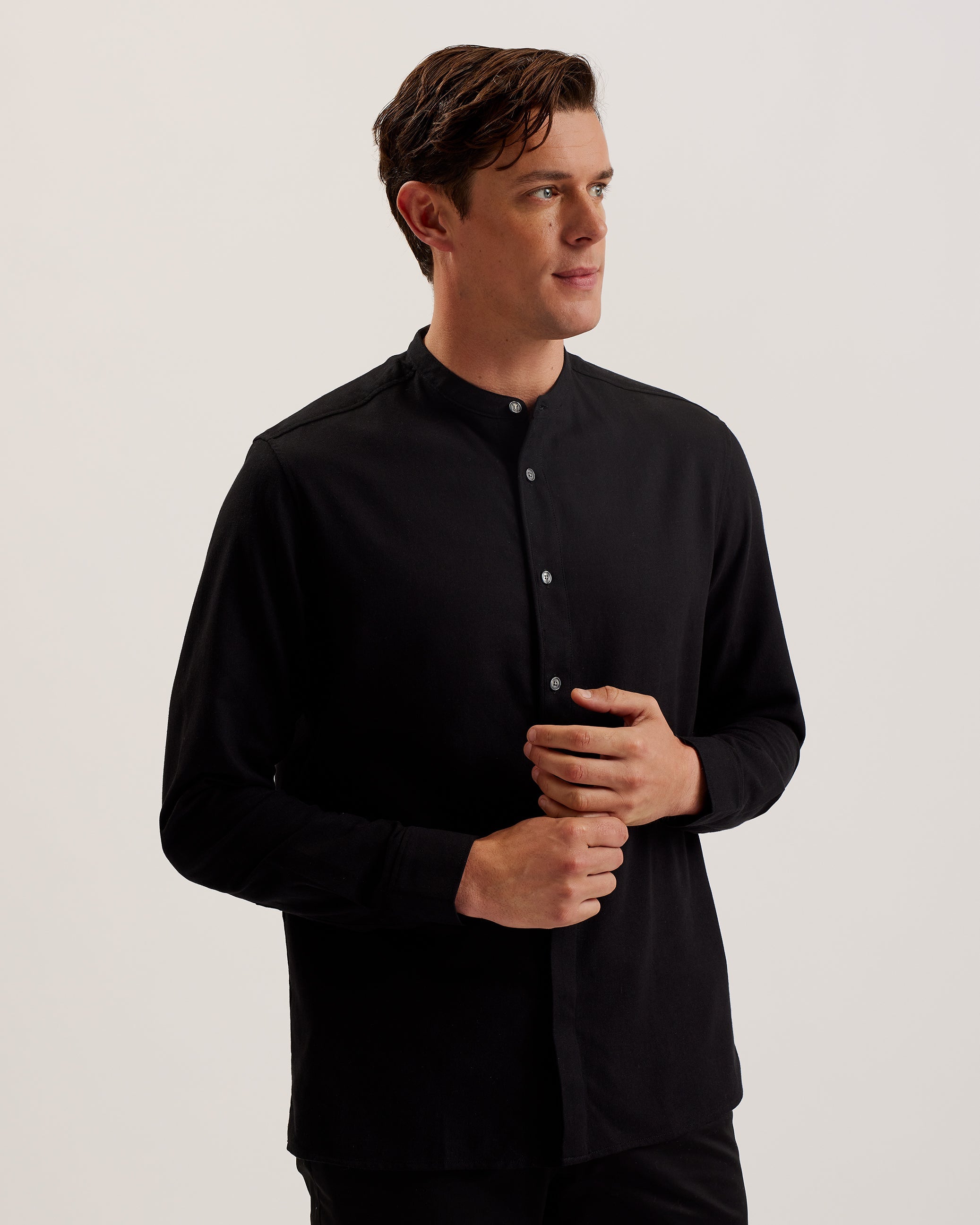 Bastuns Long Sleeve Relaxed Grandad Collar Shirt Black