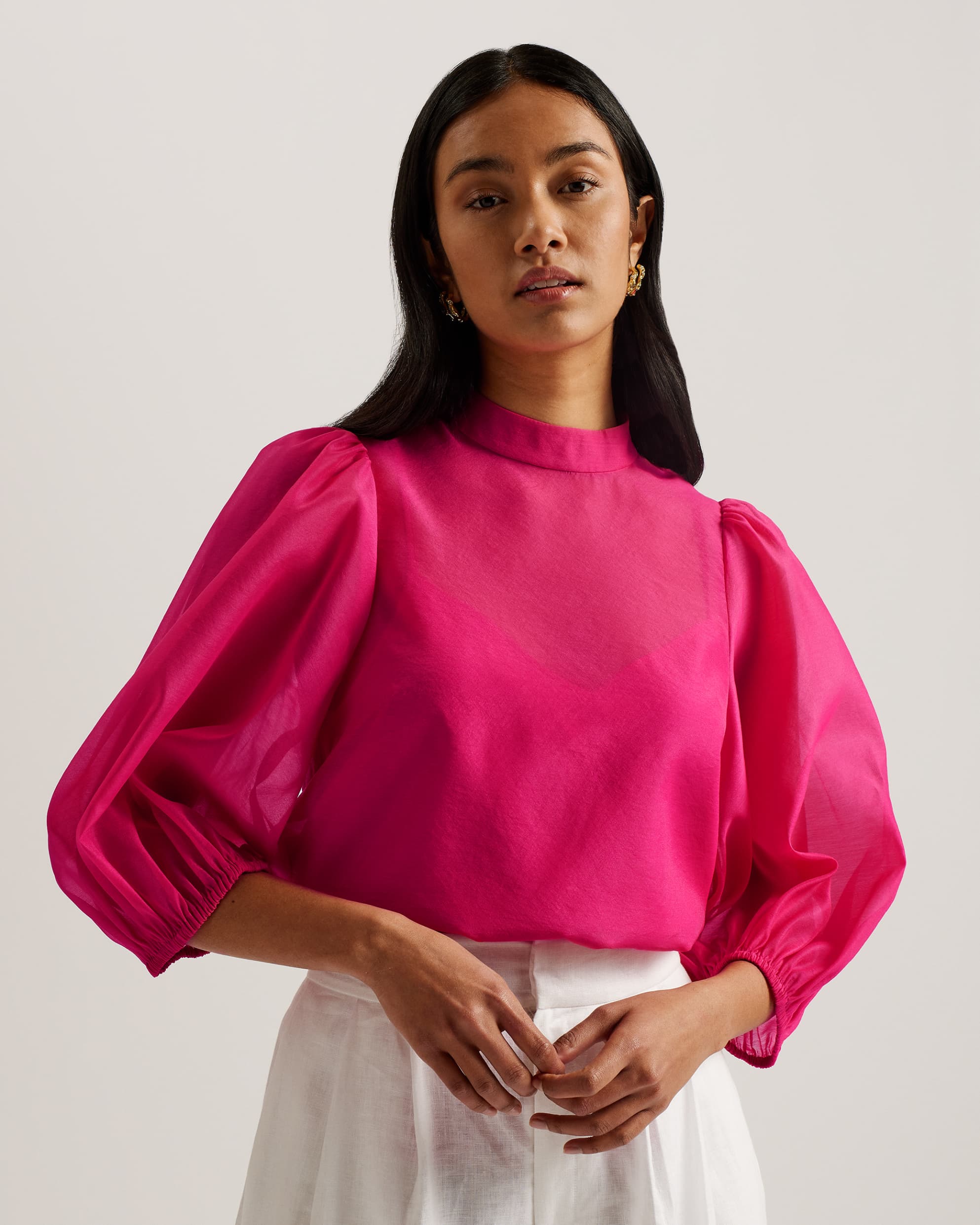 Frias Organza Balloon Sleeve Top Brt-Pink