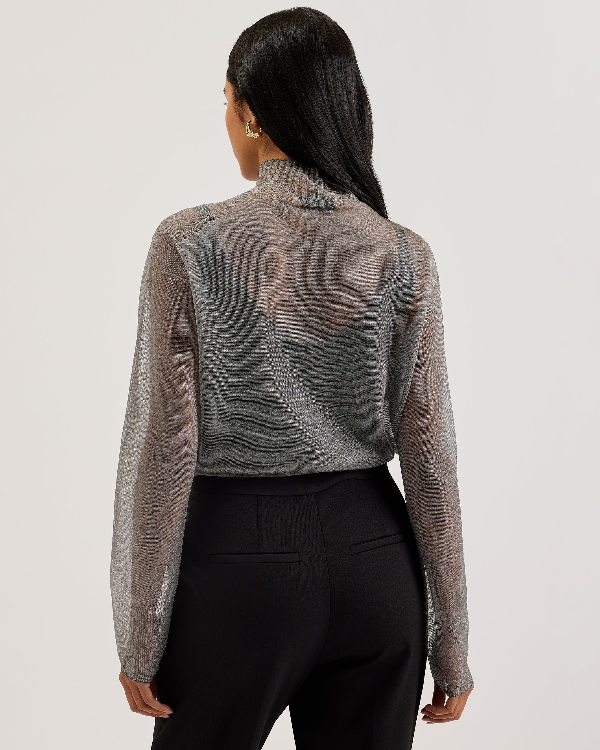 Taylaw Sheer Funnel Neck Top With Knitted Cami Dk-Grey