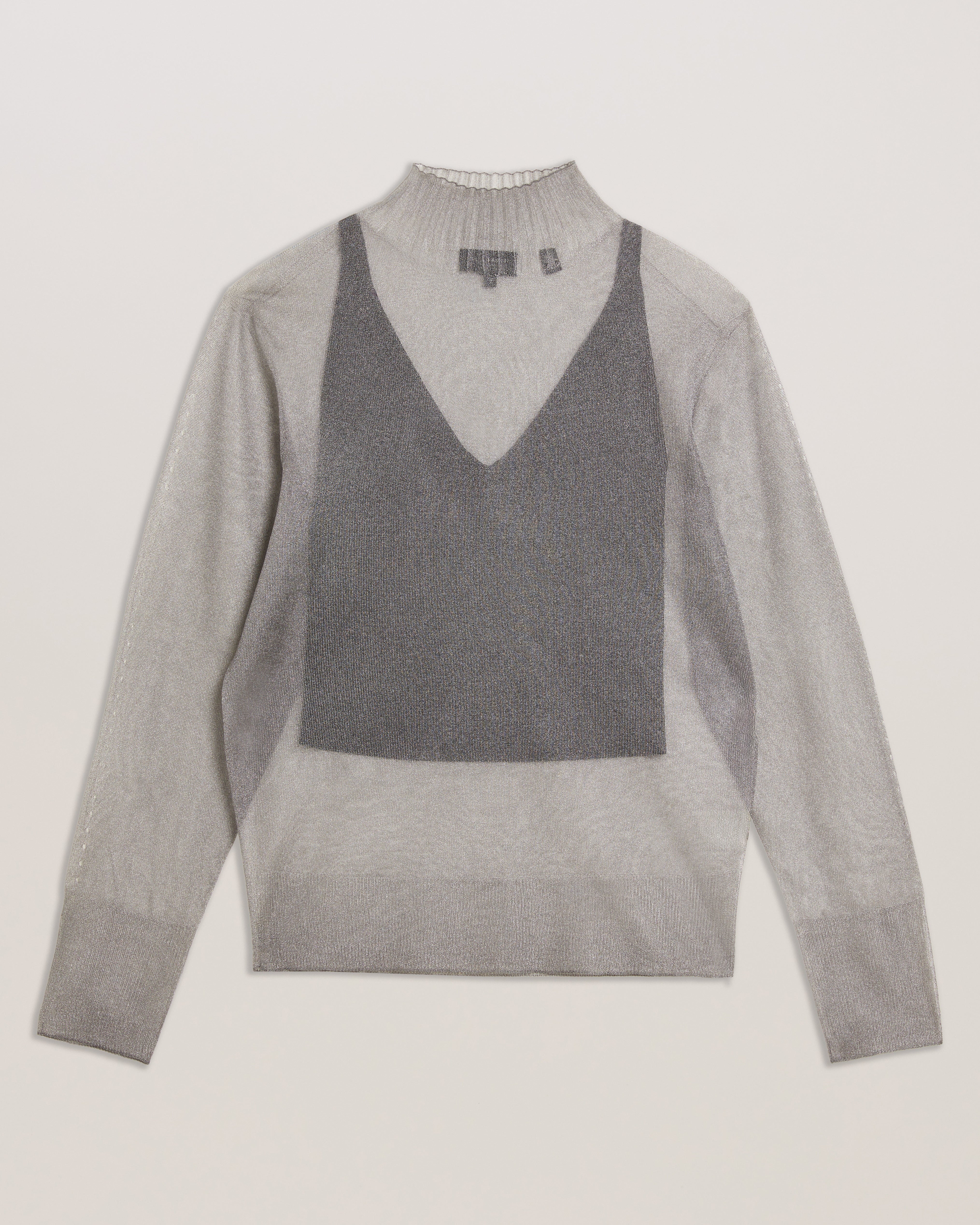 Taylaw Sheer Funnel Neck Top With Knitted Cami Dk-Grey