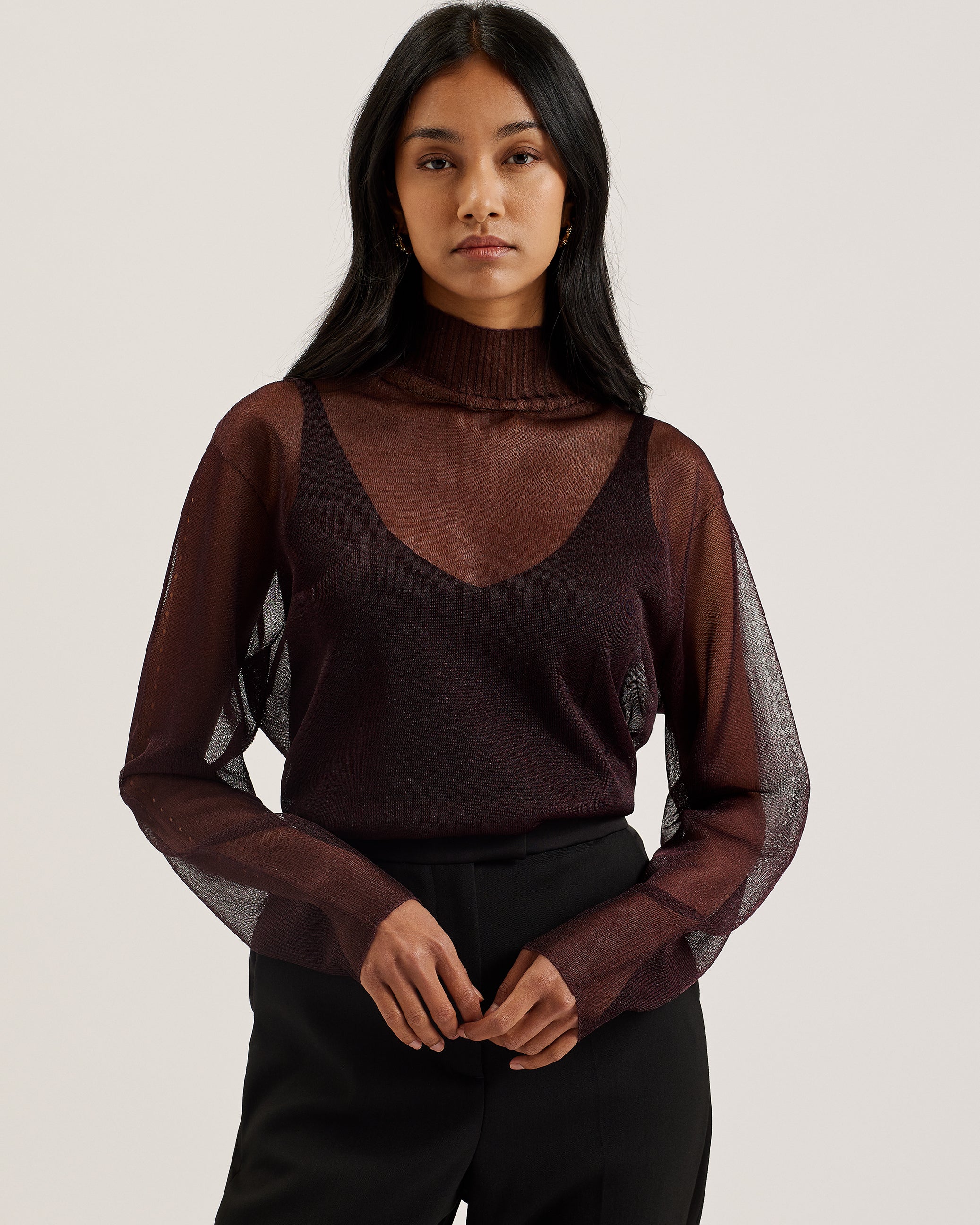 Taylaw Sheer Funnel Neck Top With Knitted Cami Dk-Red