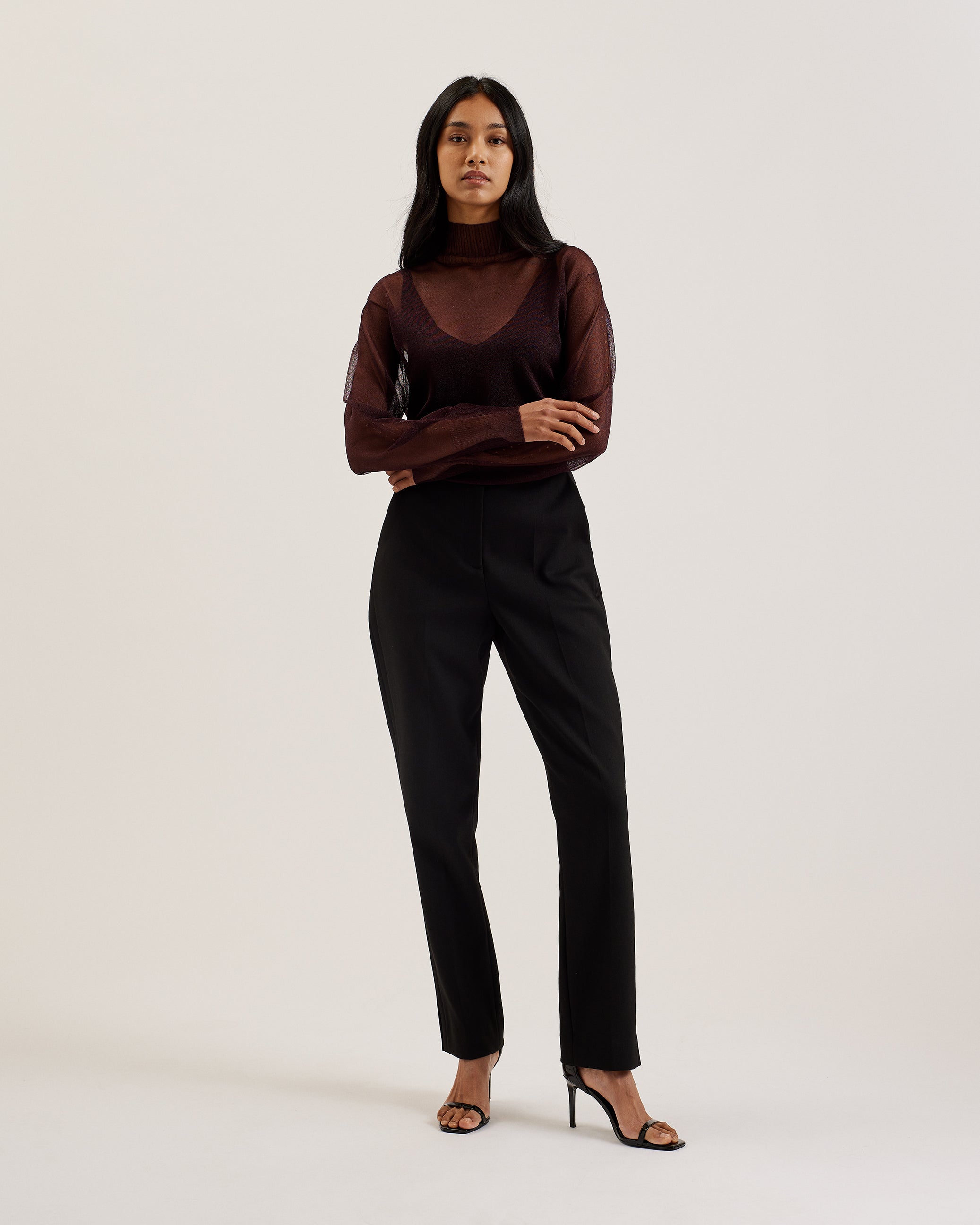 Taylaw Sheer Funnel Neck Top With Knitted Cami Dk-Red