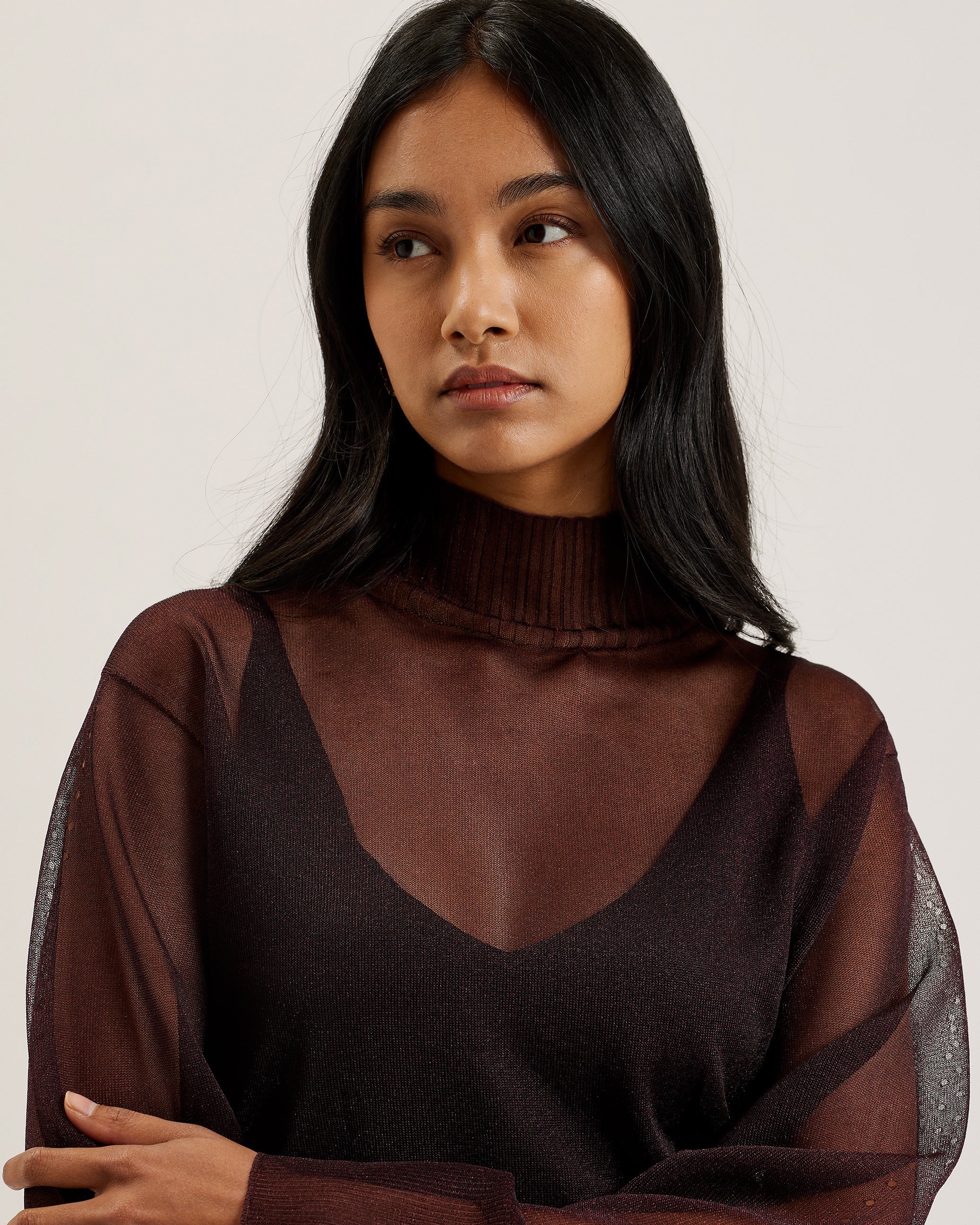 Taylaw Sheer Funnel Neck Top With Knitted Cami Dk-Red