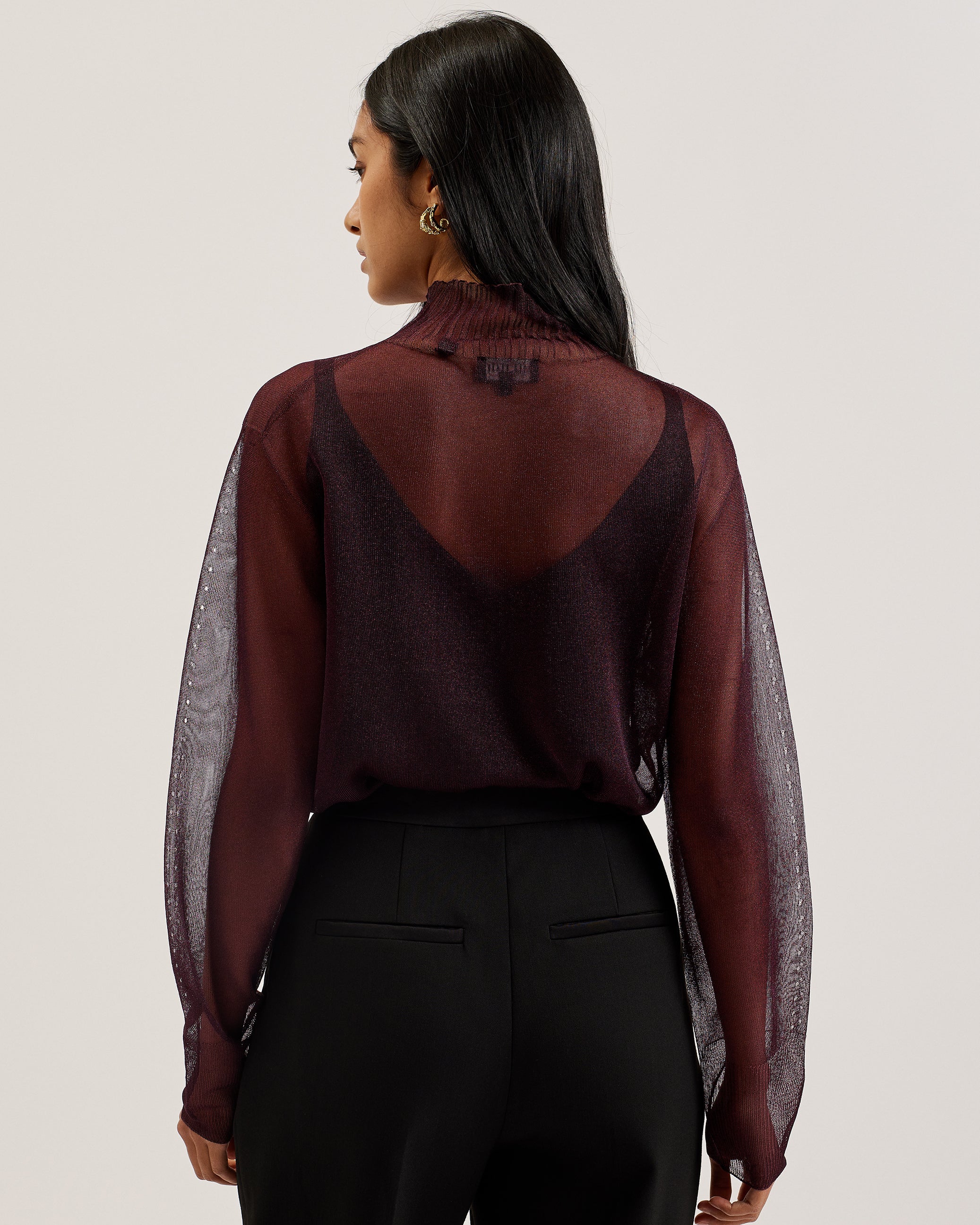 Taylaw Sheer Funnel Neck Top With Knitted Cami Dk-Red