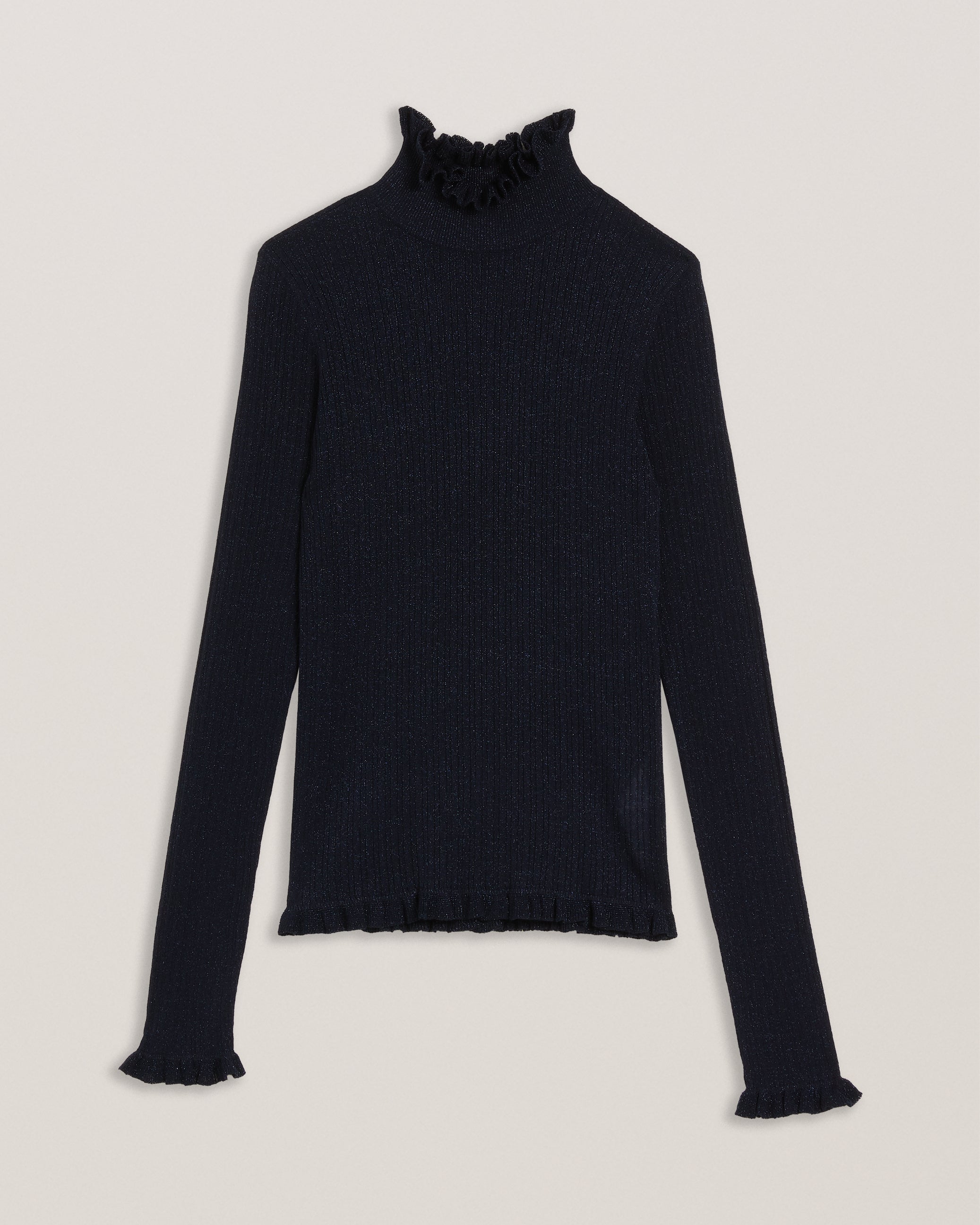 Buy Raineee Metallic Ribbed Funnel Neck Jumper Navy For Women